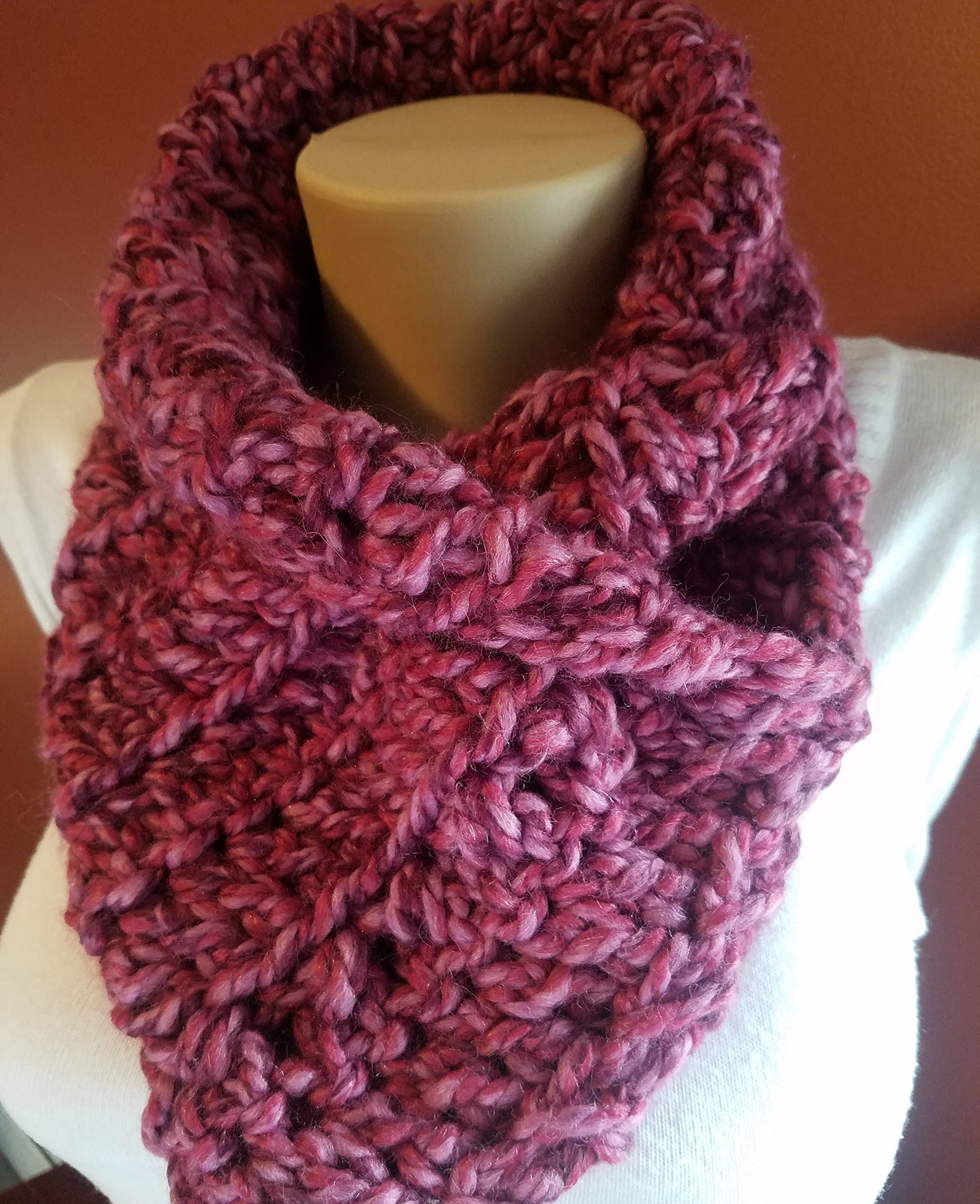 Handmade. Crochet Cowl Neck "Bandana" Scarf. Color: Wild Strawberry.
