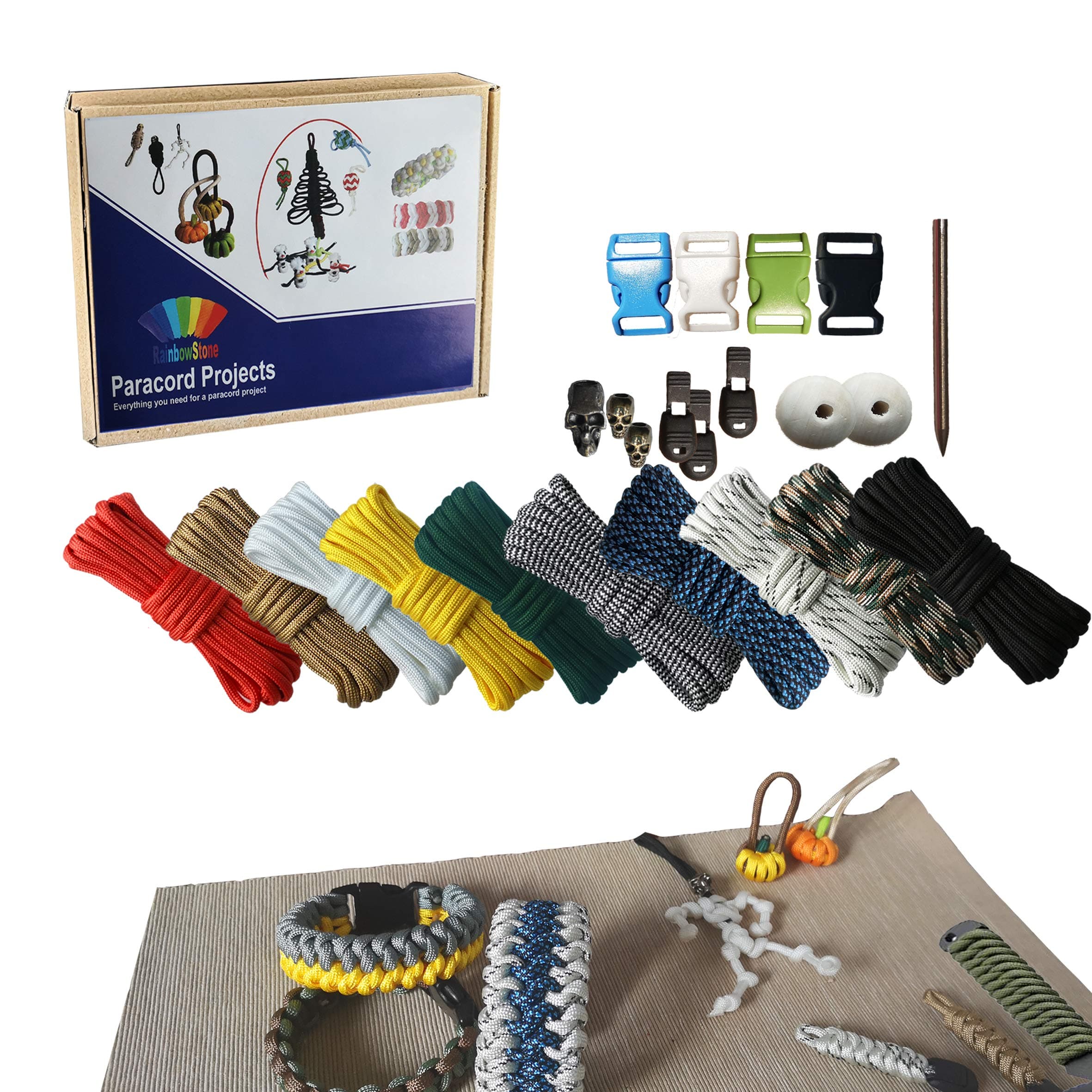 RainbowStone Paracord & Webbing Kit for Bracelet/Anklet/Handle Wrap โ 10 * 3m 4mm Cords + Beads + Buckles 24 pcs Set B