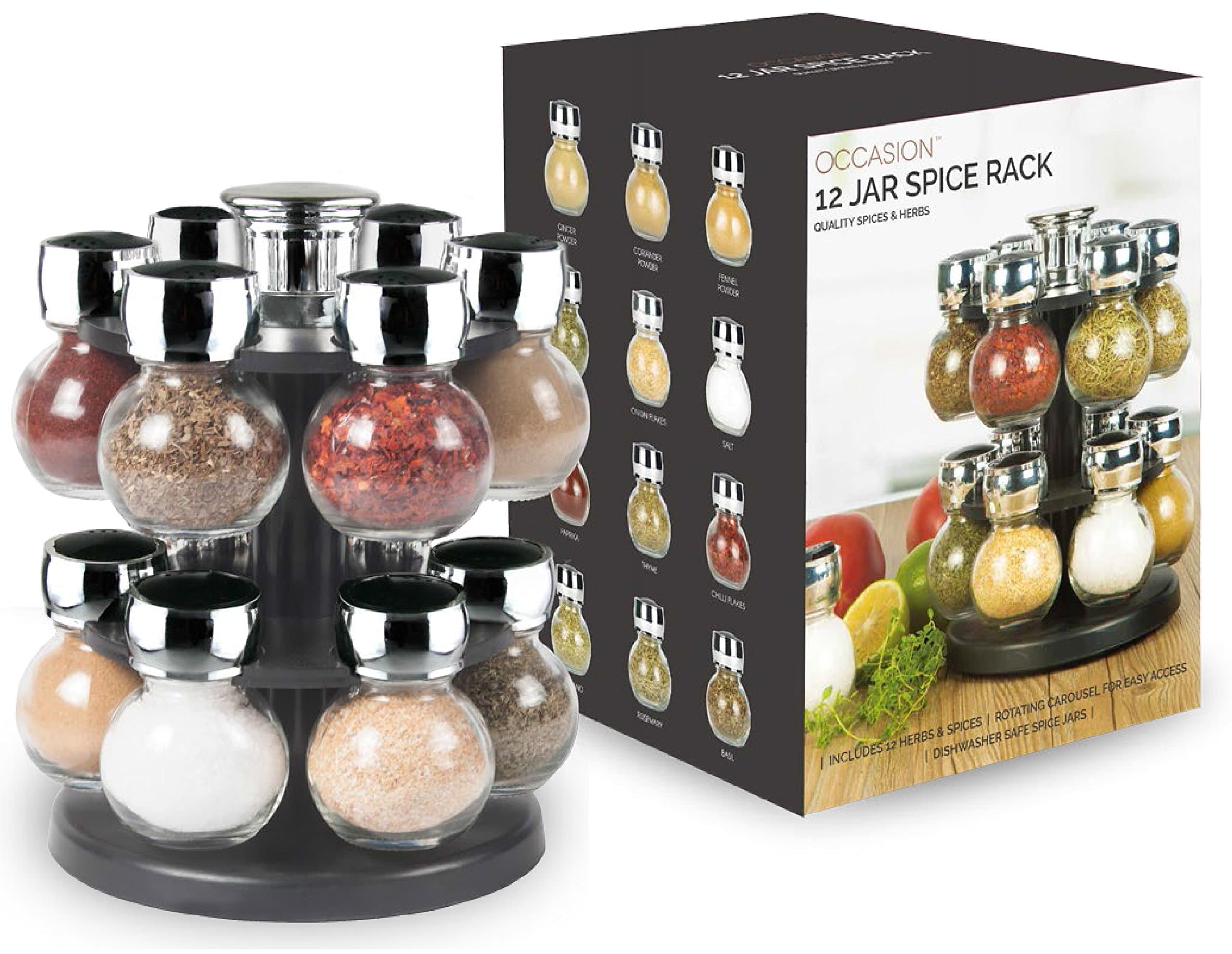 Occasion 2-Tier Filled Rotating or Revolving Herb and Spice Rack Carousel Set - 12 Glass Jars With Herbs and Spices Included in Gift Box