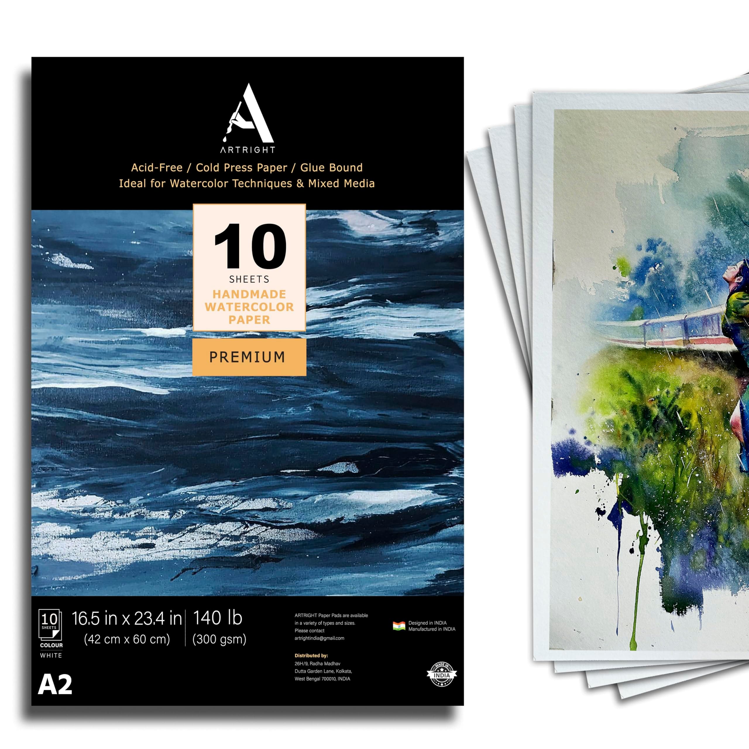 ArtRight Artists' Watercolor Paper A2 300 GSM - 10 Sheets of Handmade Rough Grain Water Colour Papers for Watercolour, Acrylic, Gouache, Ink & Mixed Media