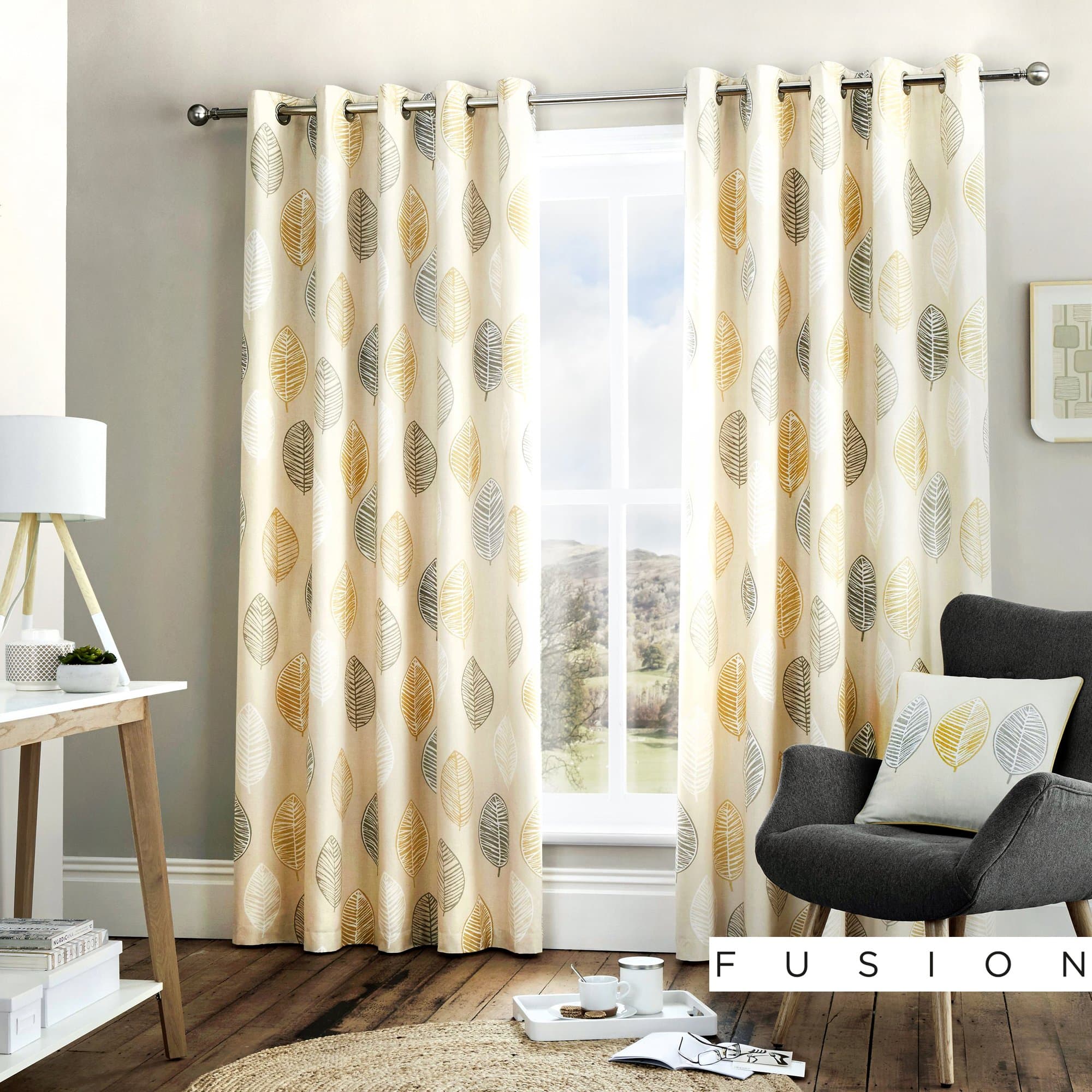 Fusion - Skandi Leaf - 100% Cotton Pair of Eyelet Curtains - 66" Width x 72" Drop (168 x 183cm) in Ochre