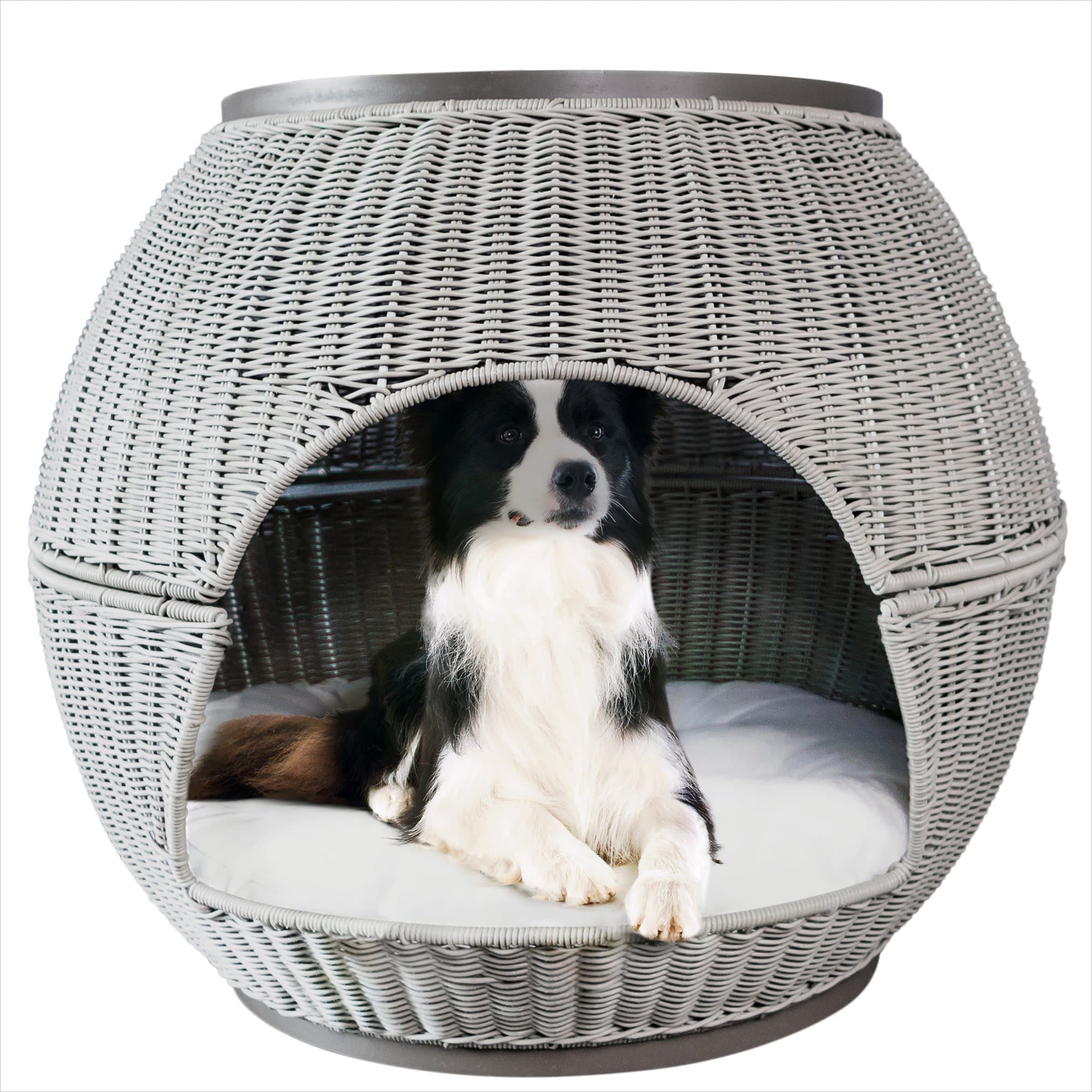 The Refined Canine Igloo Deluxe Pet Bed, Durable Poly Faux Rattan Water Proof Bed For Cat and Dogs with Soft Cushion