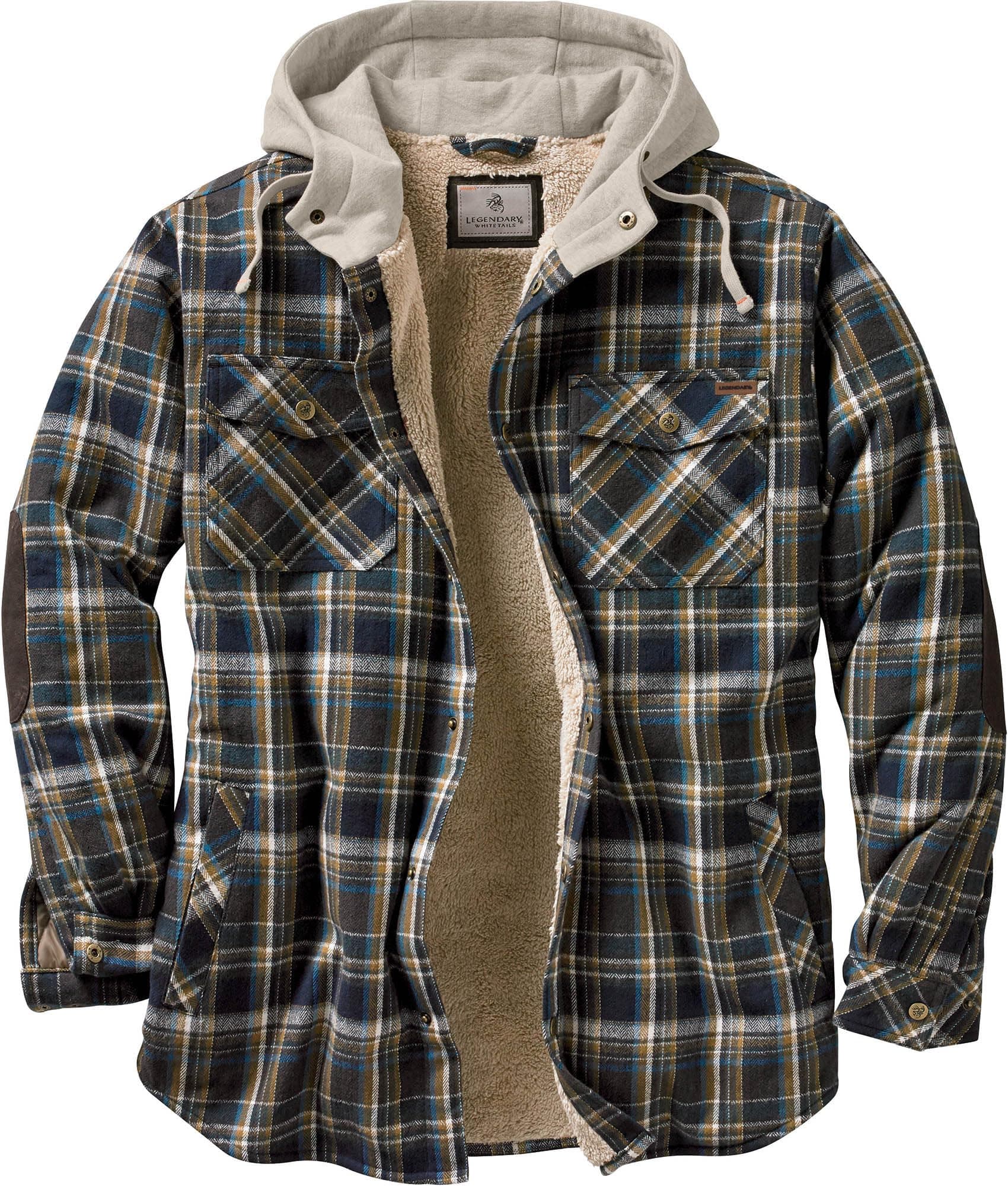 Mens Hooded Shirt Jacket Plaid Flannel Berber Lined Polyfill Insulated Shacket