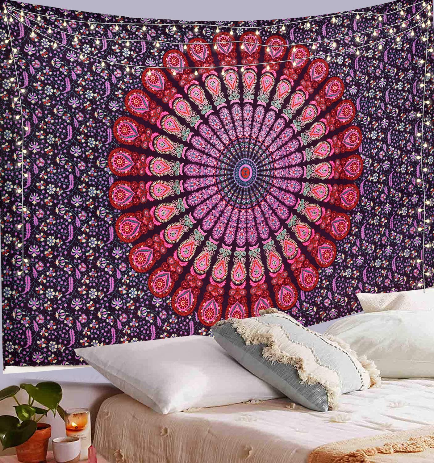 Indian hippie Bohemian Wall Hanging Bohemian Psychedelic Peacock Tapestry, Hippie Mandala Dorm Décor for Hanging, Bedding, Beach Coverlet Curtain (Pink Purple, 54"X60")