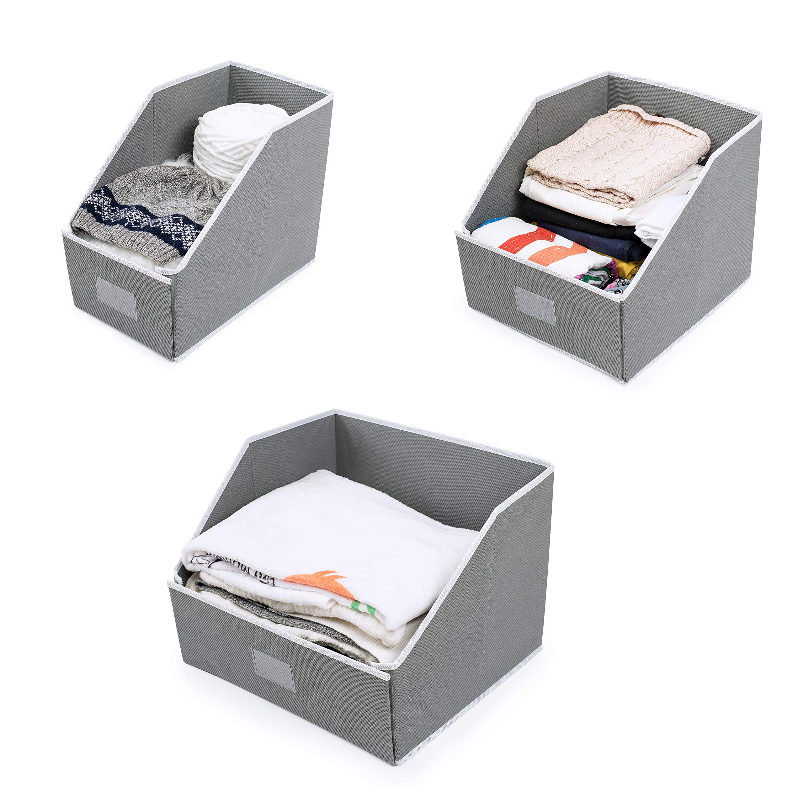 Woffit Linen Closet Storage Organizers – Set of 3 Foldable Baskets to Organize Your Sheets, Towels, Washclothes, Blankets, Clothing, Sweaters, Etc – 100% Organic Fabric Bins