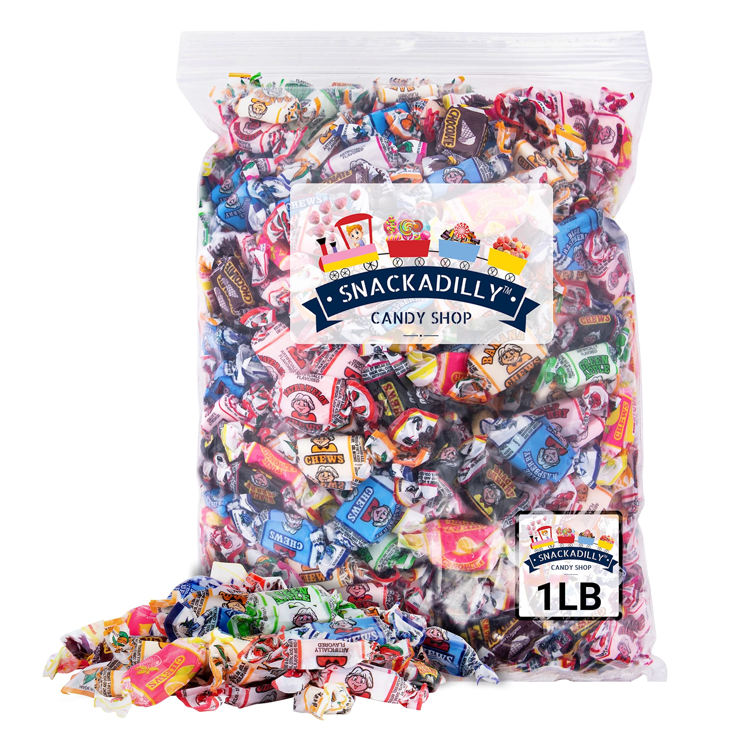 Fruit Chews 1 Pound Assortment - All 15 Flavors Including Sours! - Blue Raspberry, Banana, Watermelon, Green Apple, Chocolate, Peach, Vanilla, Grape, Strawberry, Pink Lemonade, Cherry, Black Cherry Packaged By Snackadilly