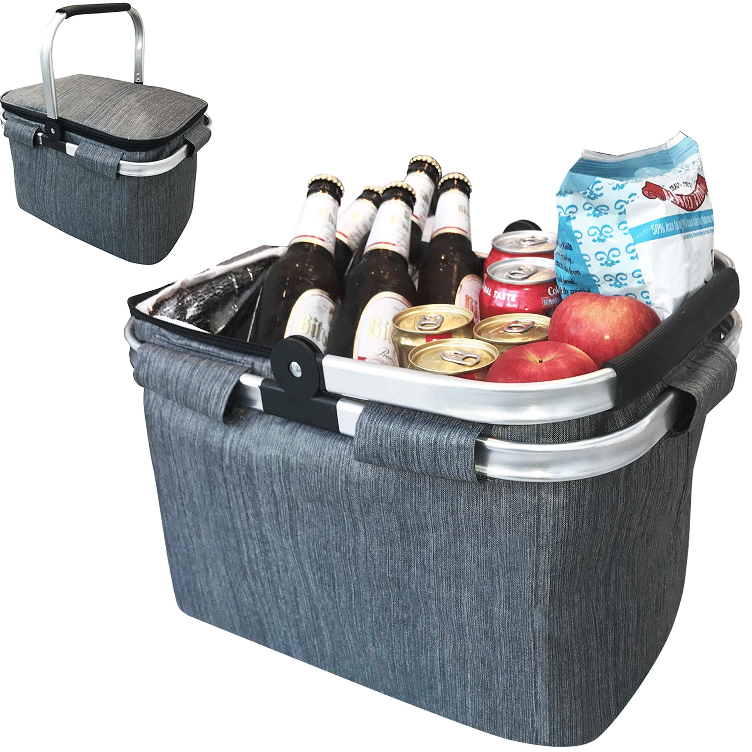 Large Insulated Picnic Basket Cooler | 7.7 Gal Capacity Leakproof Folding Collapsible Portable Market Basket Bag Set Aluminum Handles for Travel, Shopping and Camping | Keeps Wine, Food & Drinks