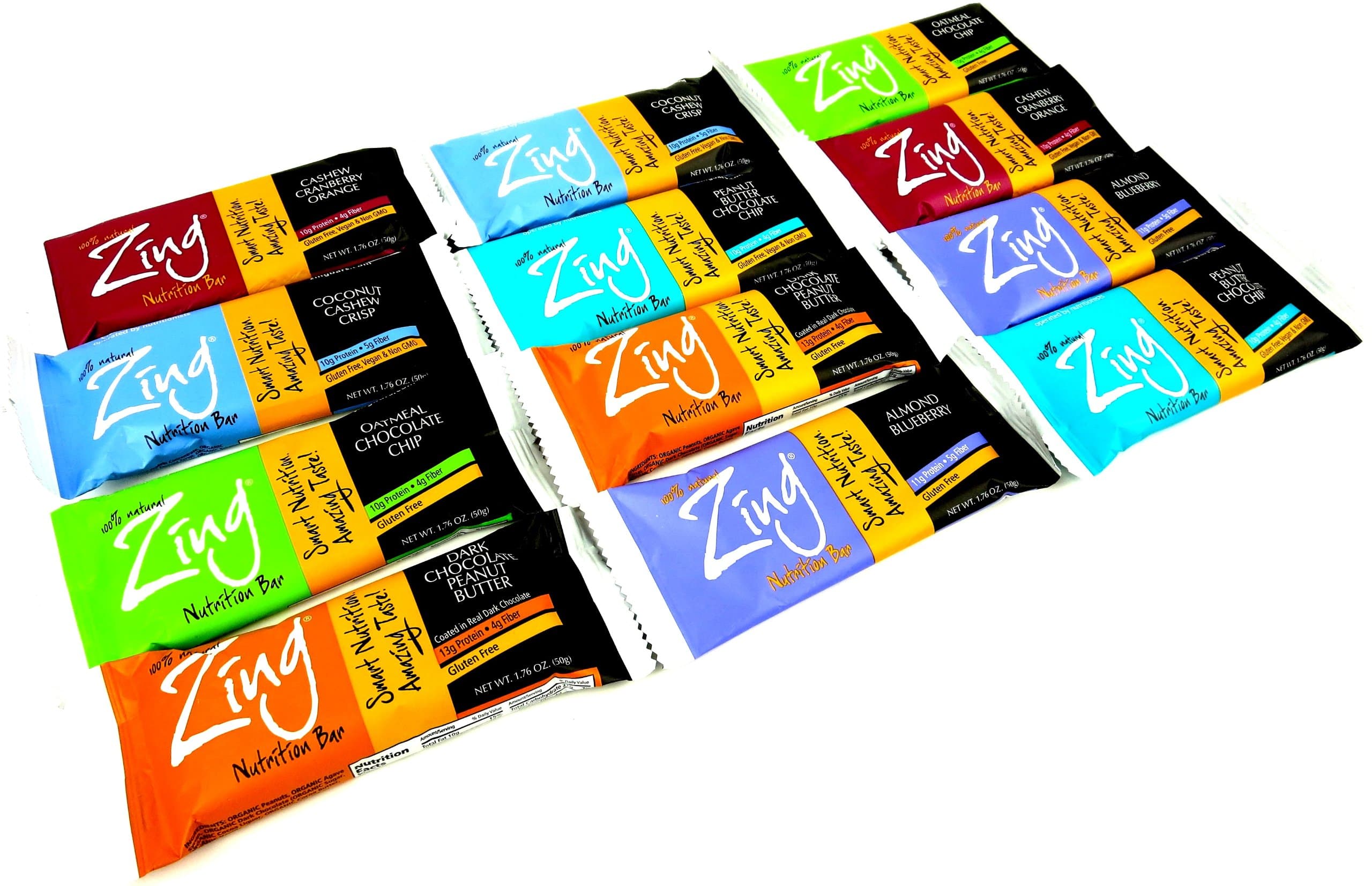Zing Gluten Free Nutrition Bar 6-Flavor Variety Pack: Two 1.76 oz Bars Each of Cashew Cranberry Orange, Dark Chocolate Peanut Butter, Peanut Butter Chocolate Chip, Almond Blueberry, Oatmeal Chocolate Chip, and Coconut Cashew Crisp