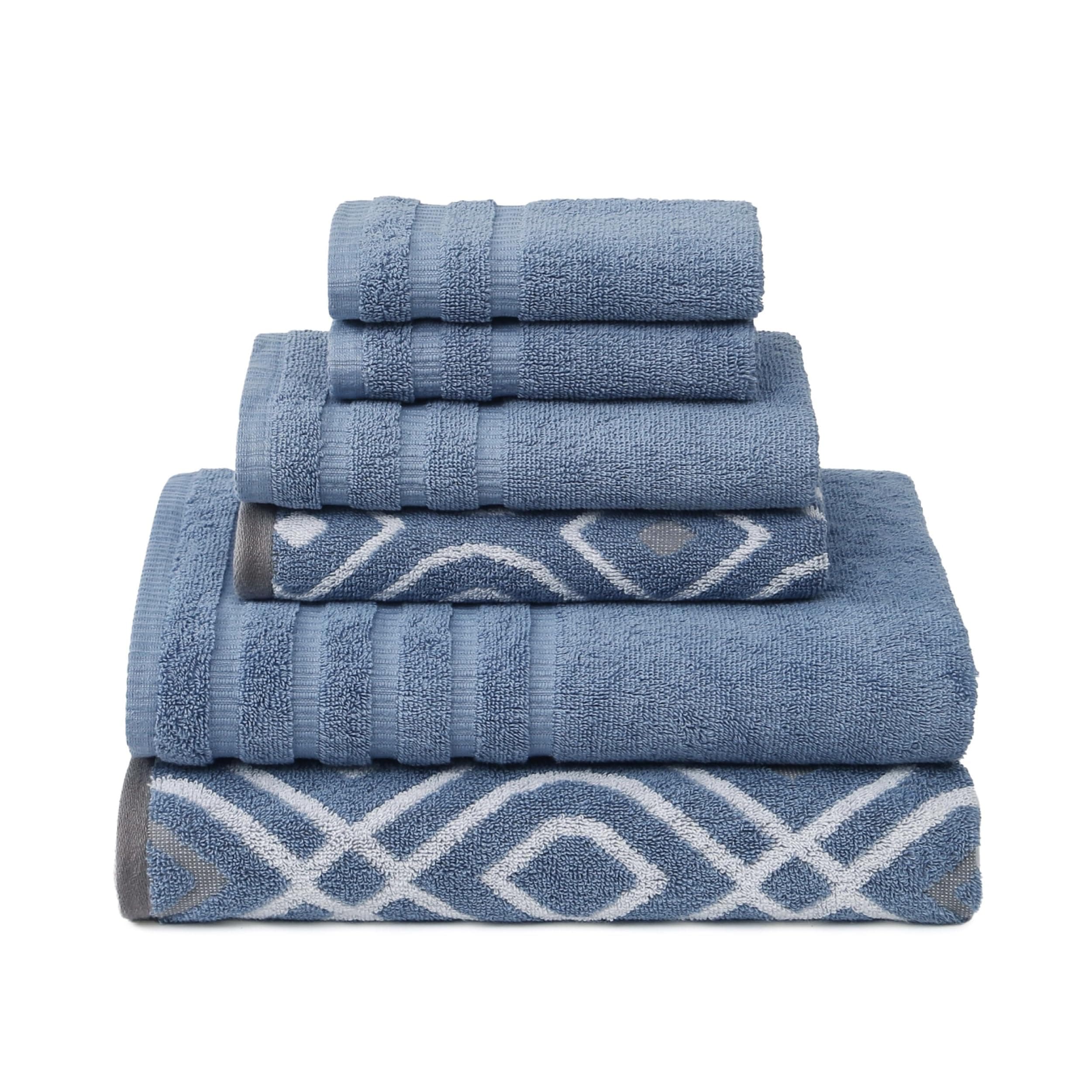 Classic Diamond 6-Piece 100% Cotton Towel Set – Yarn Dyed Jacquard – Includes 2 Bath Towels, 2 Hand Towels, 2 Washcloths – Absorbent, Quick Dry, Soft & Durable – Blue