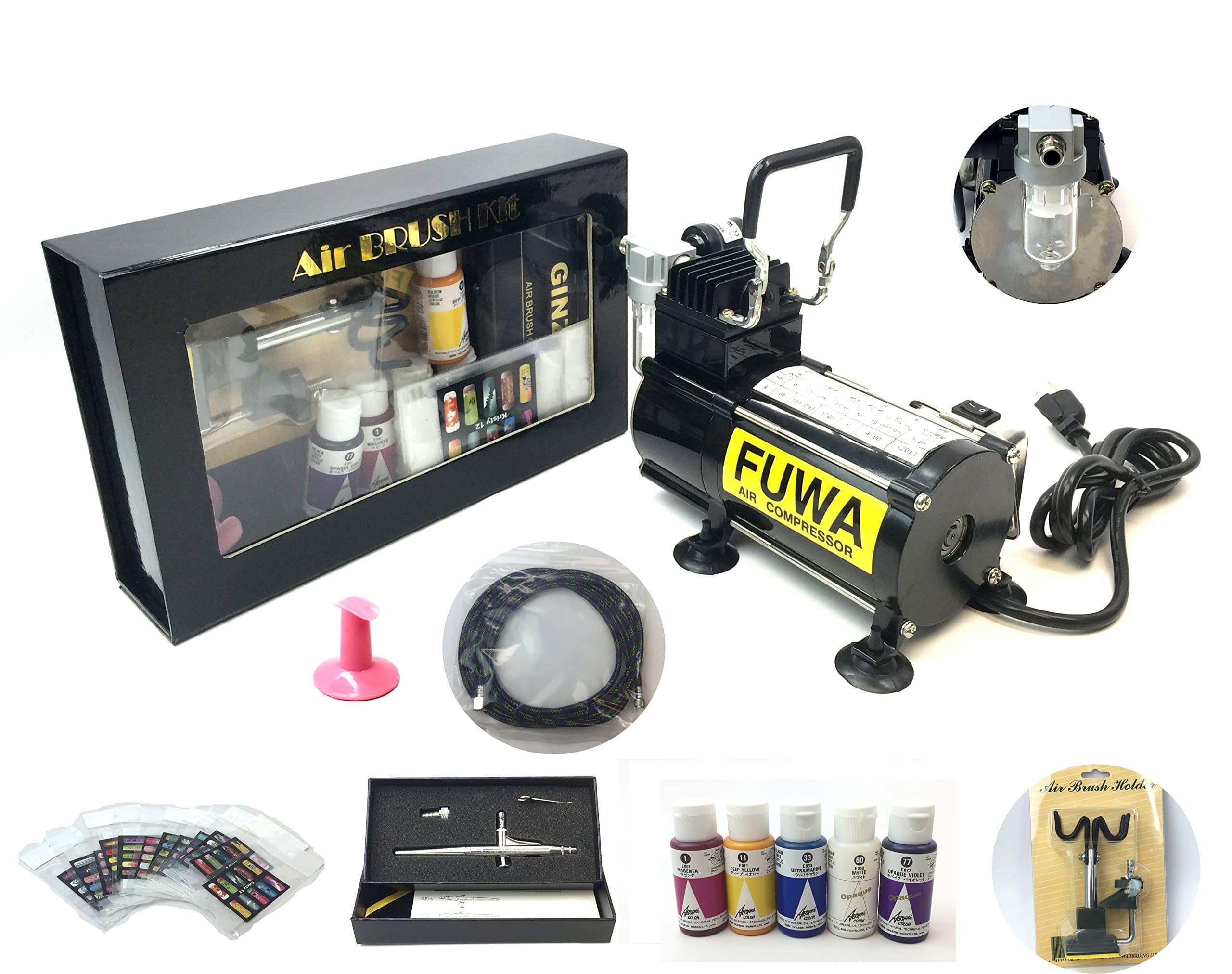 Fuwa Mini Airbrush Compressor Complete System Kit for use on Nails, Tattoo, or Tanning (Kit Includes: Holbein Aeroflash Colors from Japan, Ginza Airbrush Gun, and Some other Airbrush Parts)