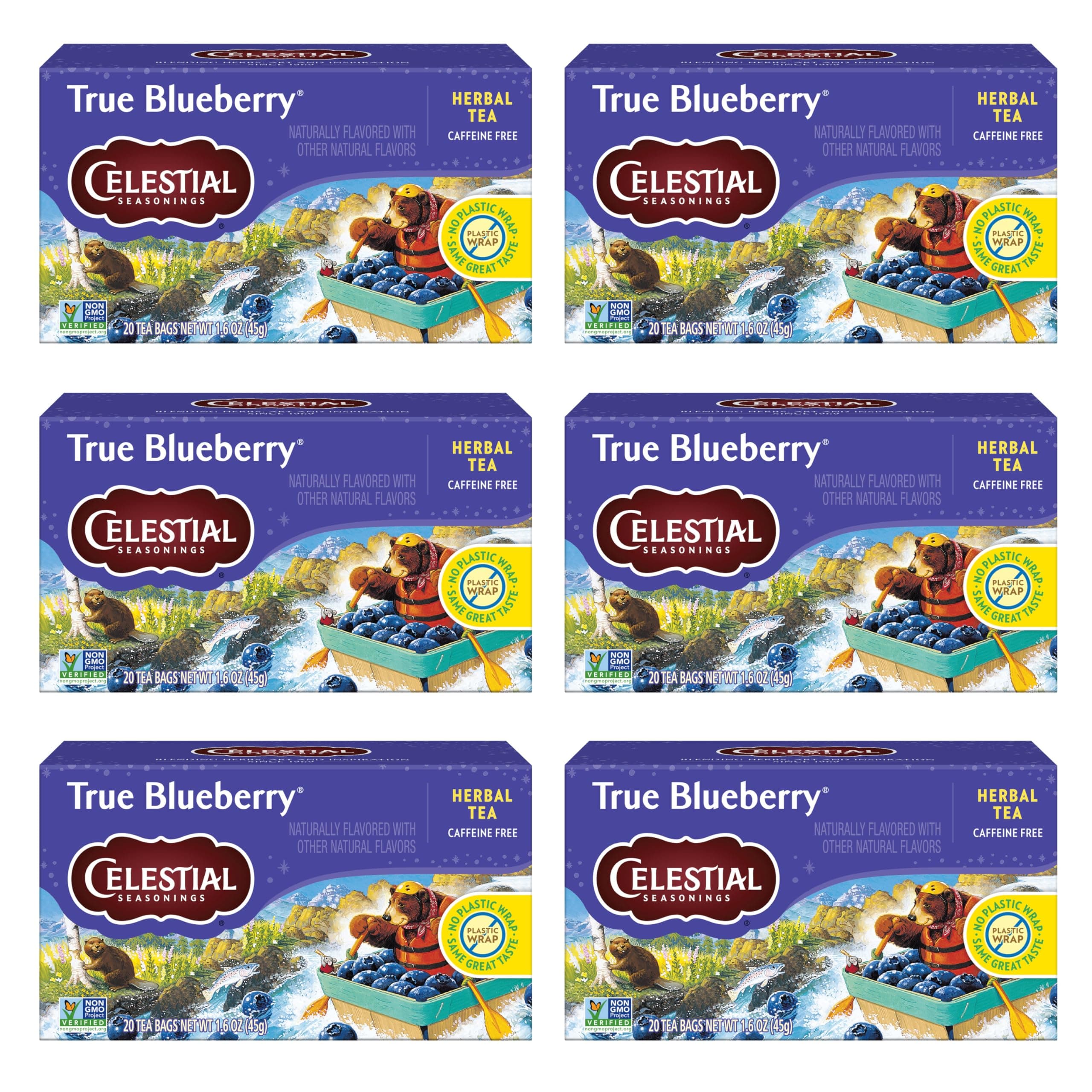 True Blueberry Herbal Tea, Caffeine Free, 20 Tea Bags Box (Pack of 6)