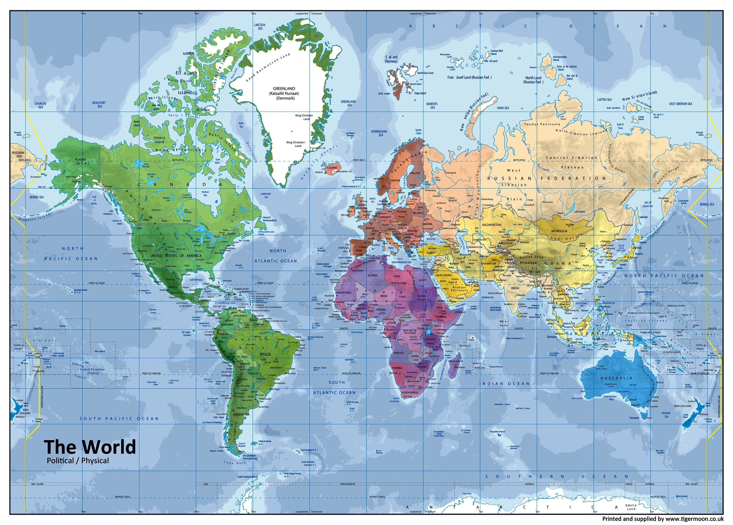 Physical/Political Map of The World - Size A1-59.4 x 84.1cm - Paper Laminated