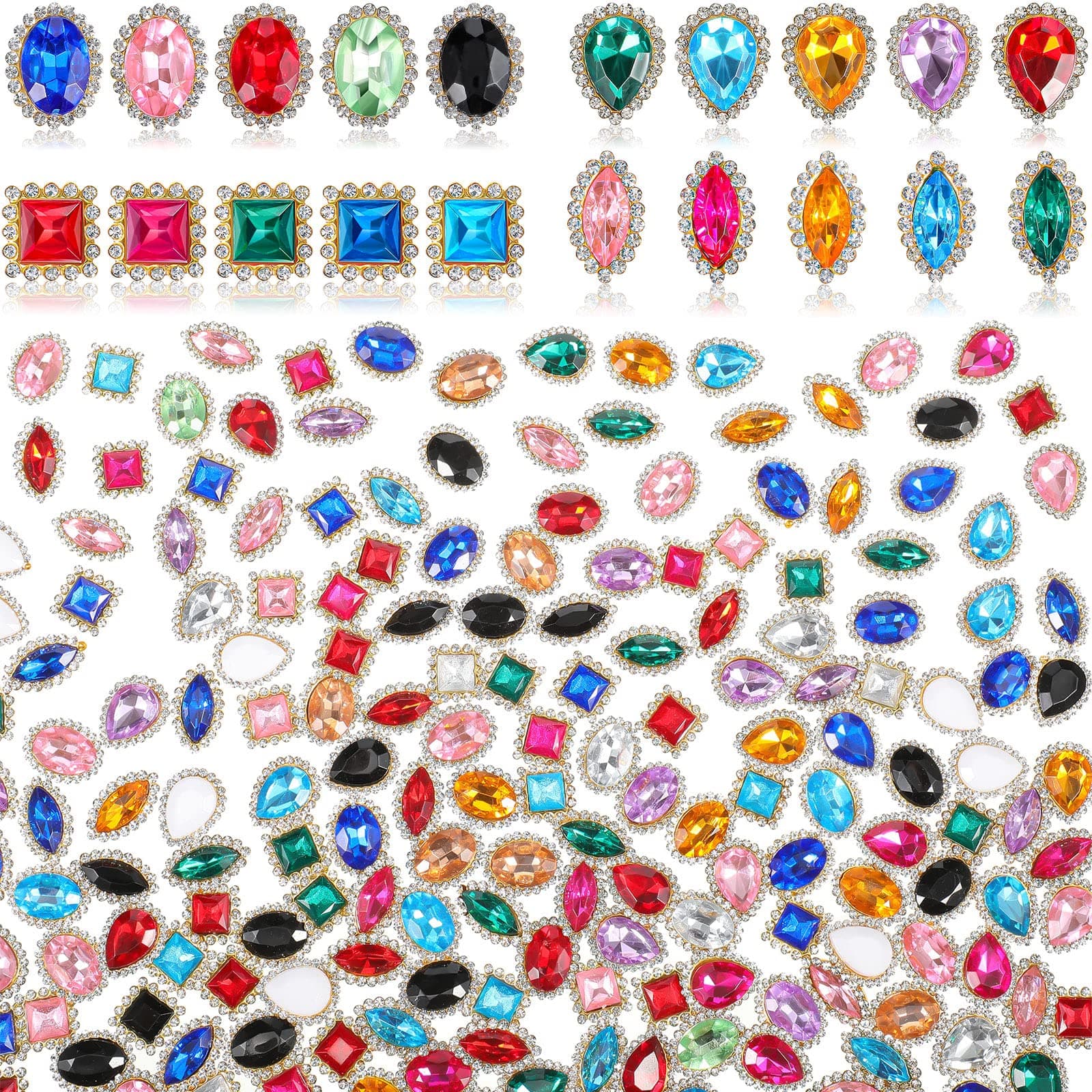 Junkin200 Pieces Flatback Rhinestones - Colorful Sew-on Square, Teardrop, Oval, Eye Shape Jewels - Loose Sewing Beads Crystals With Metal Prong Setting