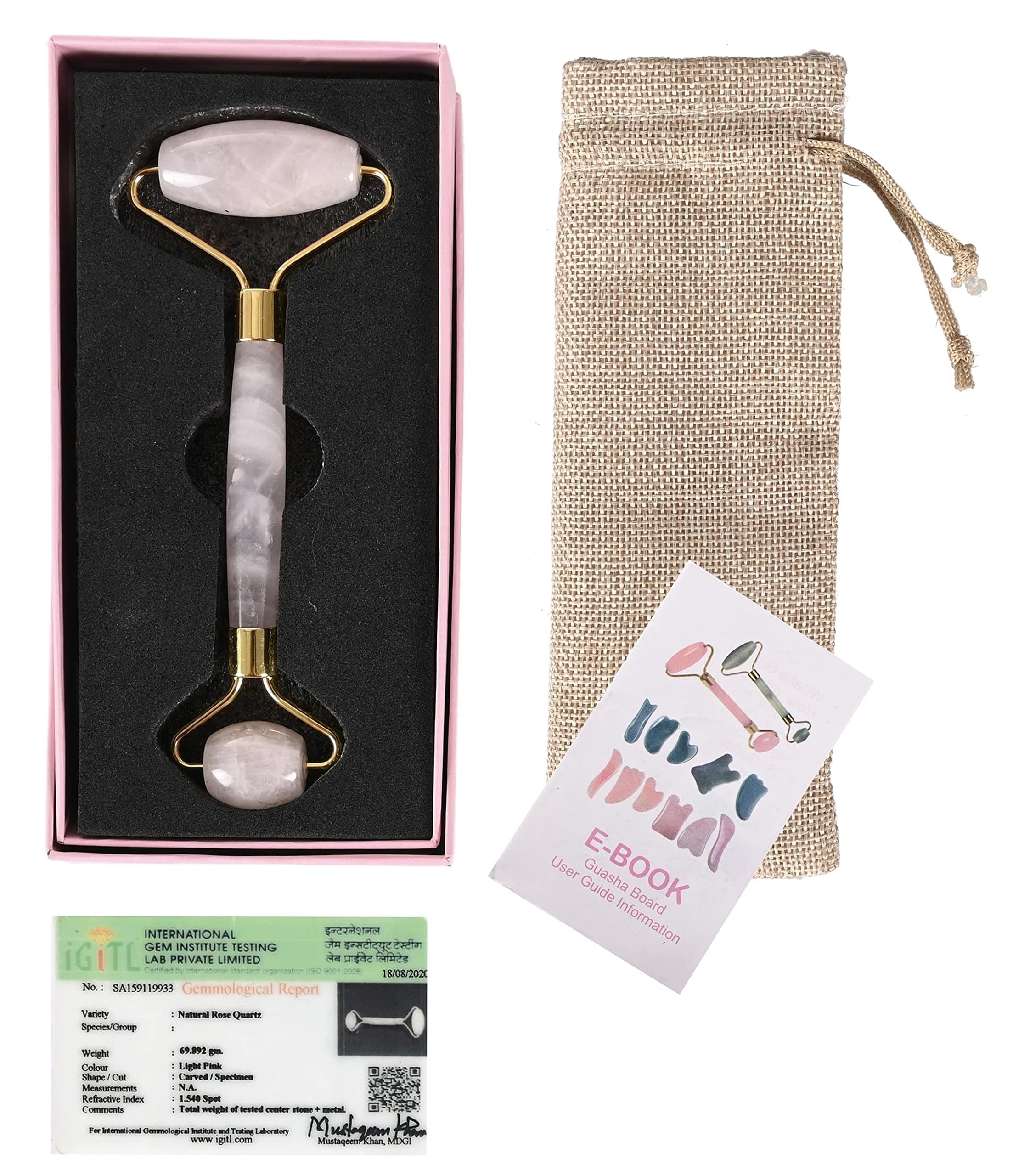 Rose Quartz Facial Massage Roller Wand Gua Sha Spa and Relaxation for Body, Face, Neck, Eye's WITH AUTHENTICITY CERTIFICATE + HANDMADE POUCH AND BOX