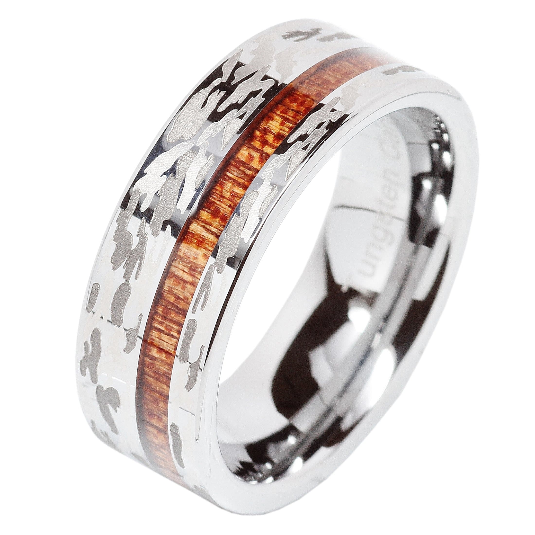 Mens Tungsten Ring Camo Army Hunting Wood Inlay Silver Wedding Band Comfort Fit Size 8-15 (9.5)