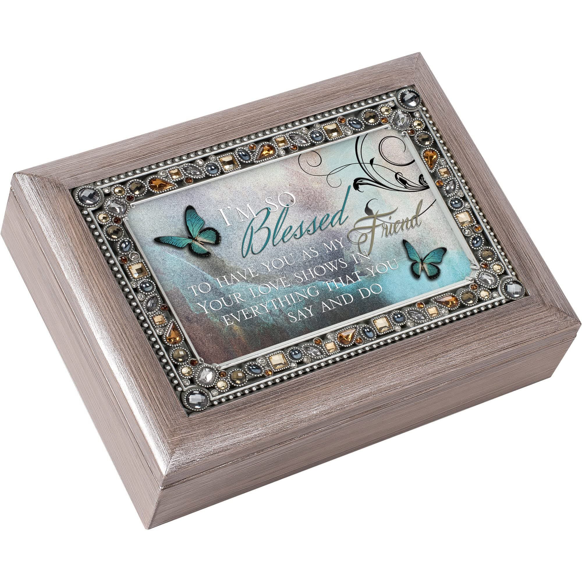 Cottage Garden Blessed to Have You as Friend Brushed Pewter Jeweled Music Box Plays Wonderful World