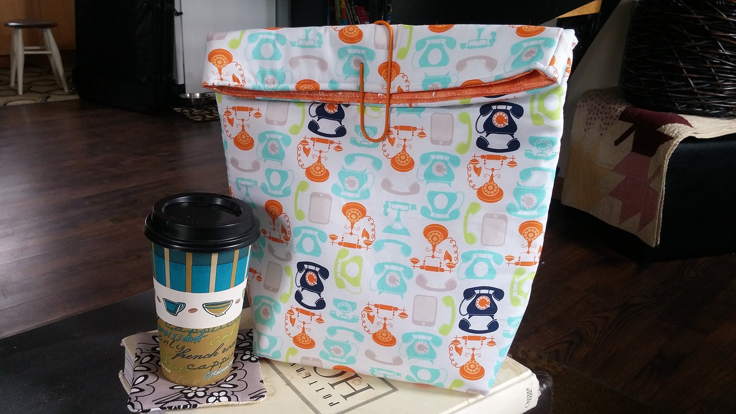 Reusable Insulated Lunch Bag with Wipeable Vinyl Lining, Stylish VINTAGE Phone Fabric