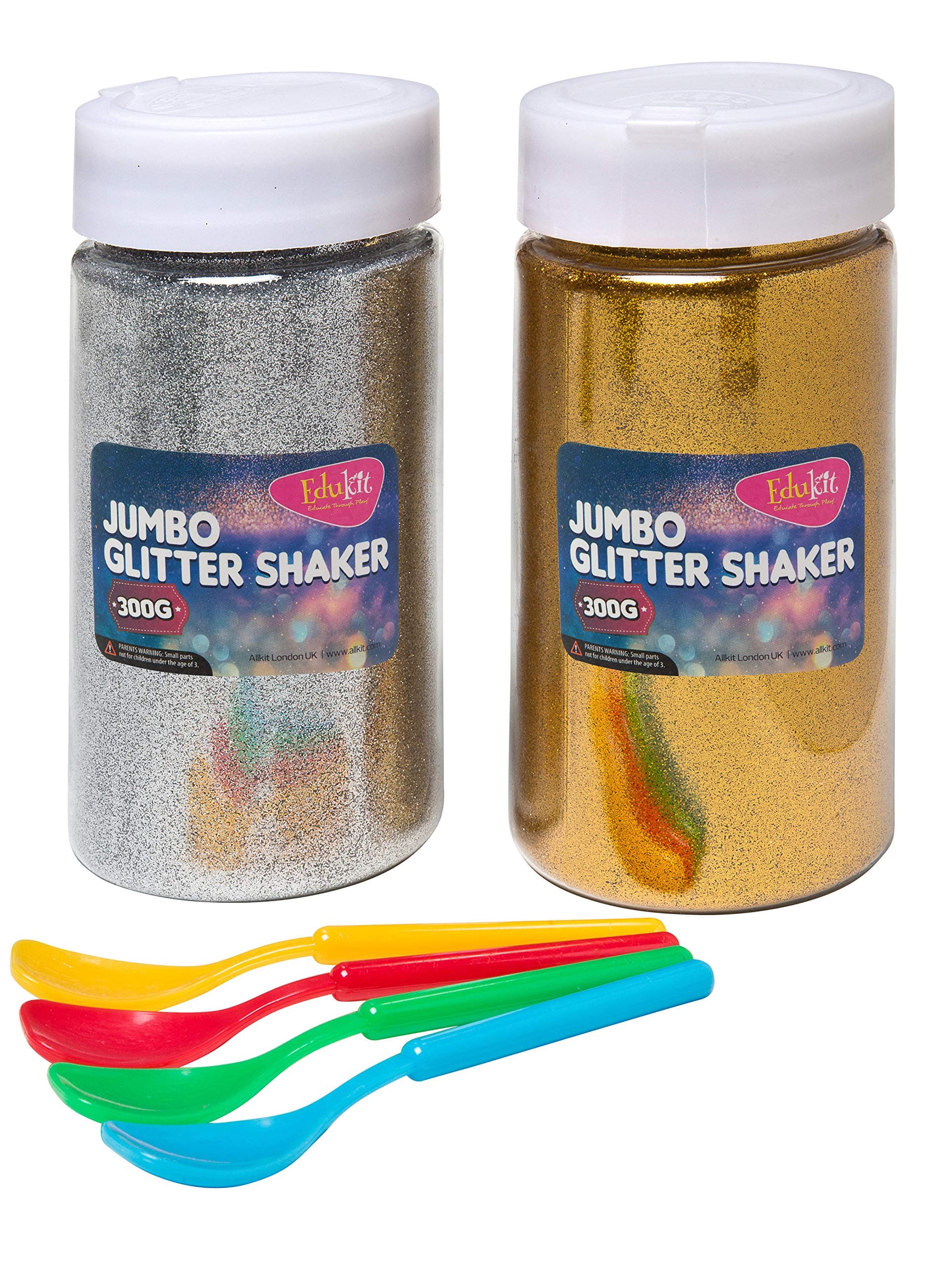 edukitGlitter Jumbo Shaker Set; Gold and Silver; 300g each; Including Spreaders - Perfect for Adding Sparkles to Arts and Craft Projects and Nail and Face Art