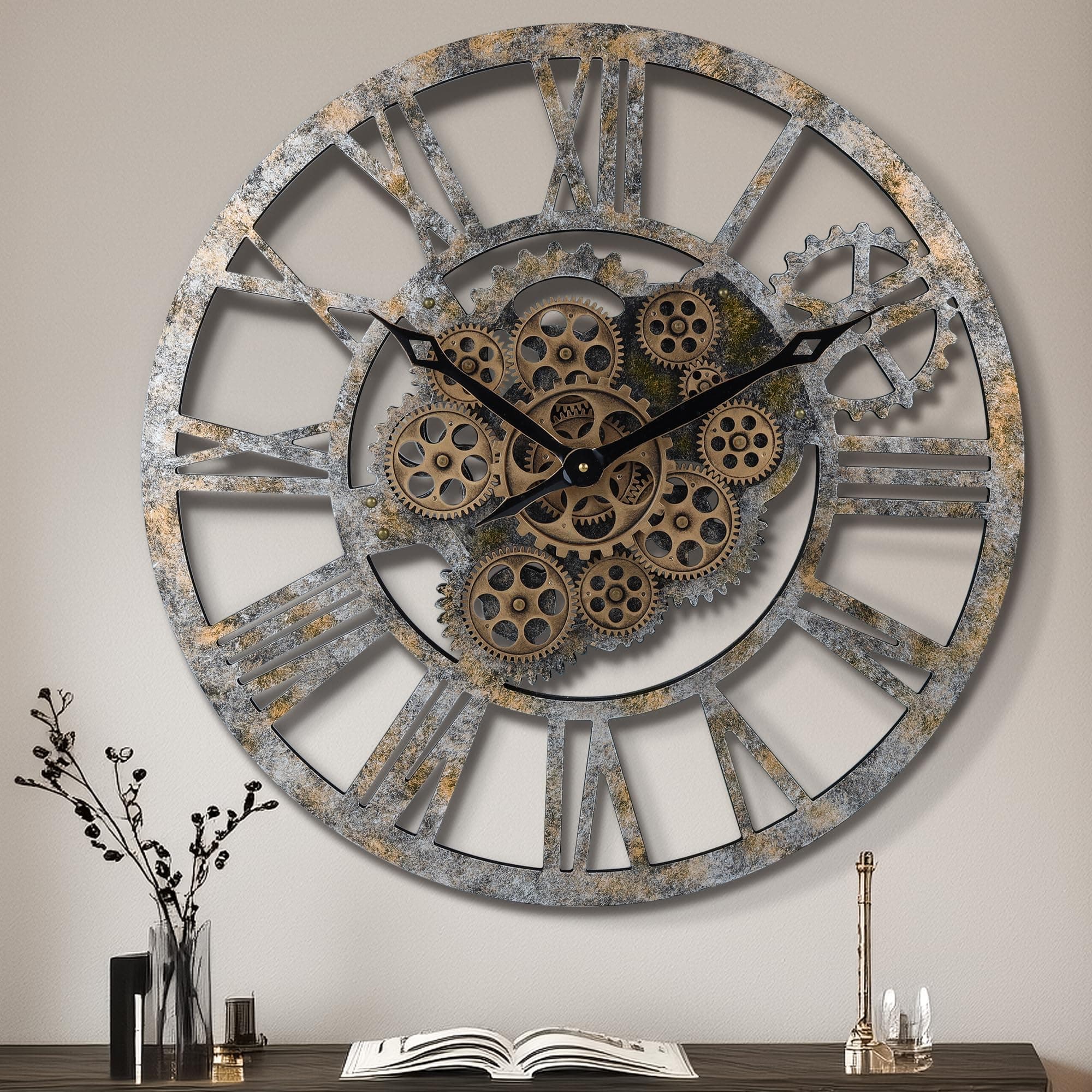 Lafocuse 23 Inch Real Moving Gear Wall Clock, Steampunk Wooden Large Wall Clock for Living Room Decor, Farmhouse