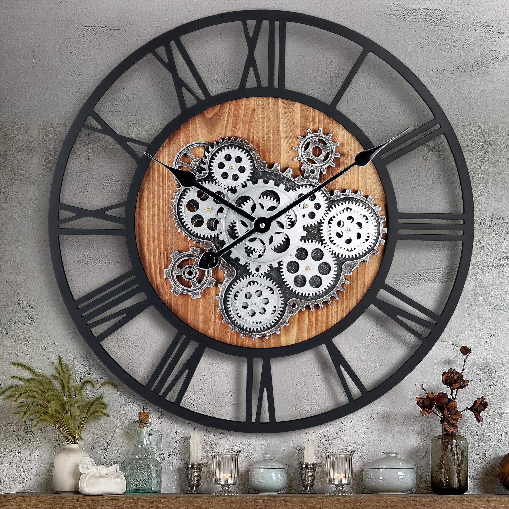 Lafocuse 23 Inch Real Moving Gear Wall Clock, Steampunk Wooden Large Wall Clock for Living Room Decor