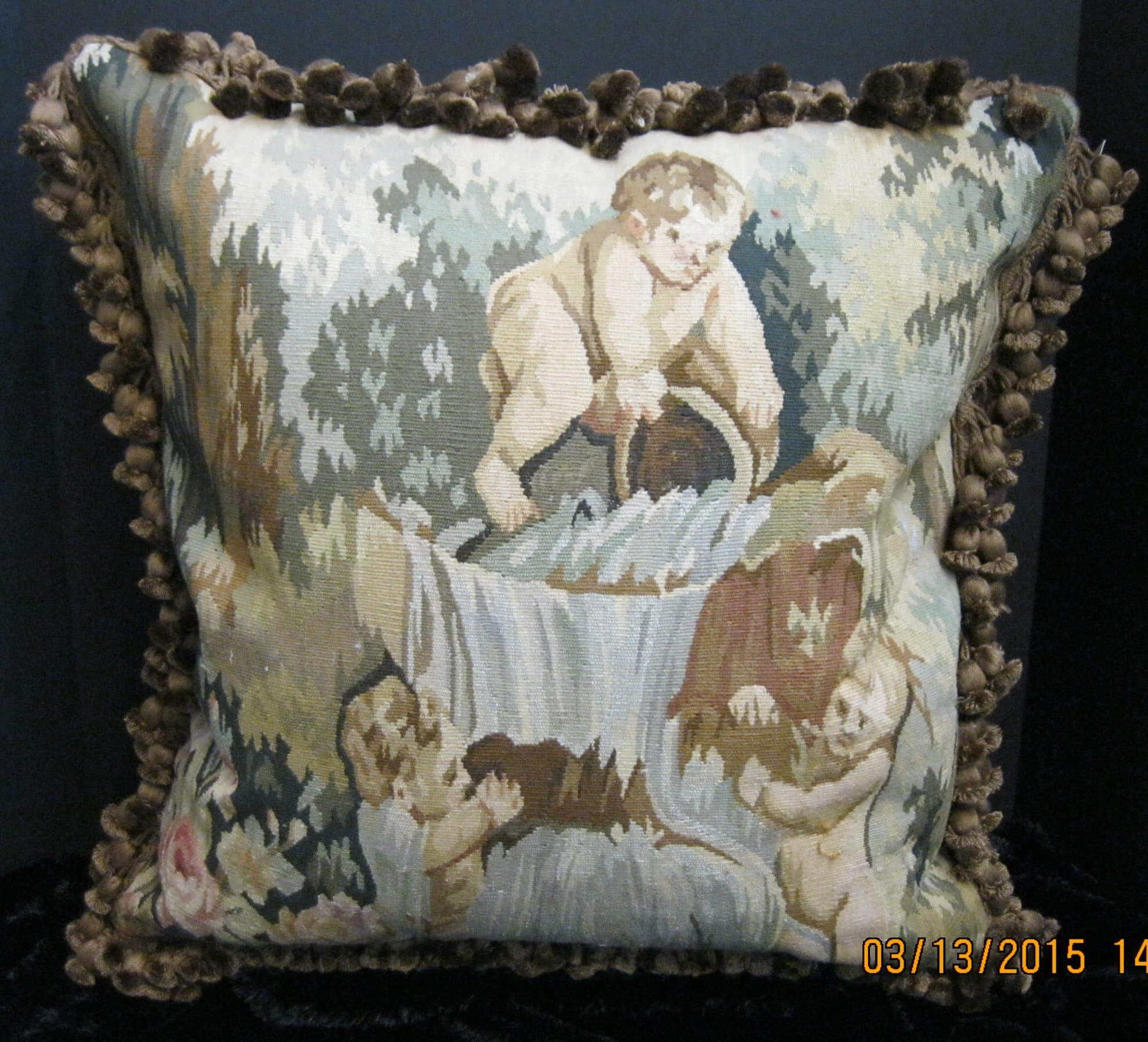 Old French style Aubusson pillow with Three Cherubs playing in Waterfall 22 x22 inches