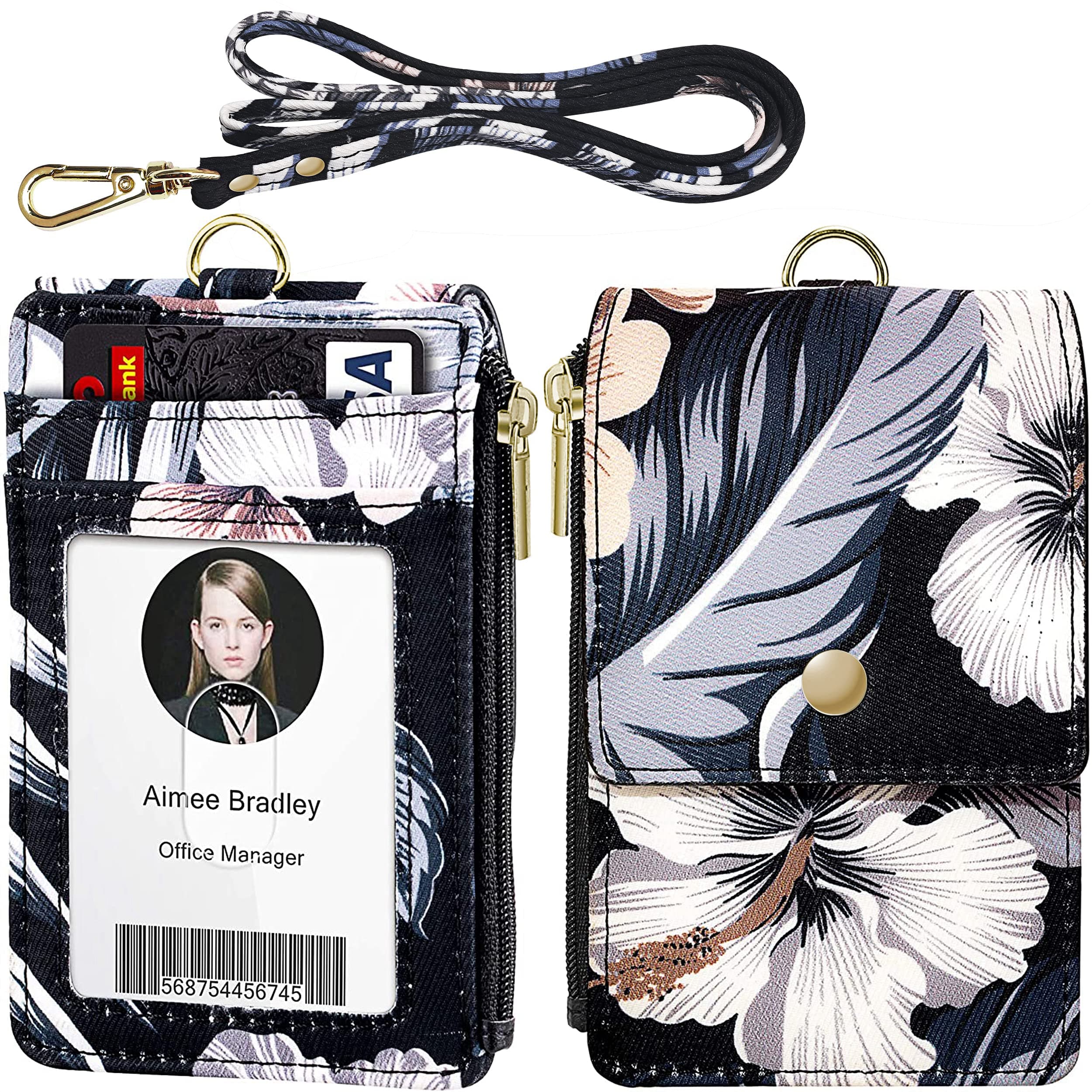 ELV Badge Holder with Zipper, ID Badge Card Holder Wallet with 5 Card Slots, 1 Side RFID Blocking Pocket and 20 inch Neck Lanyard Strap for Offices, School, Driver Licence (Floral)