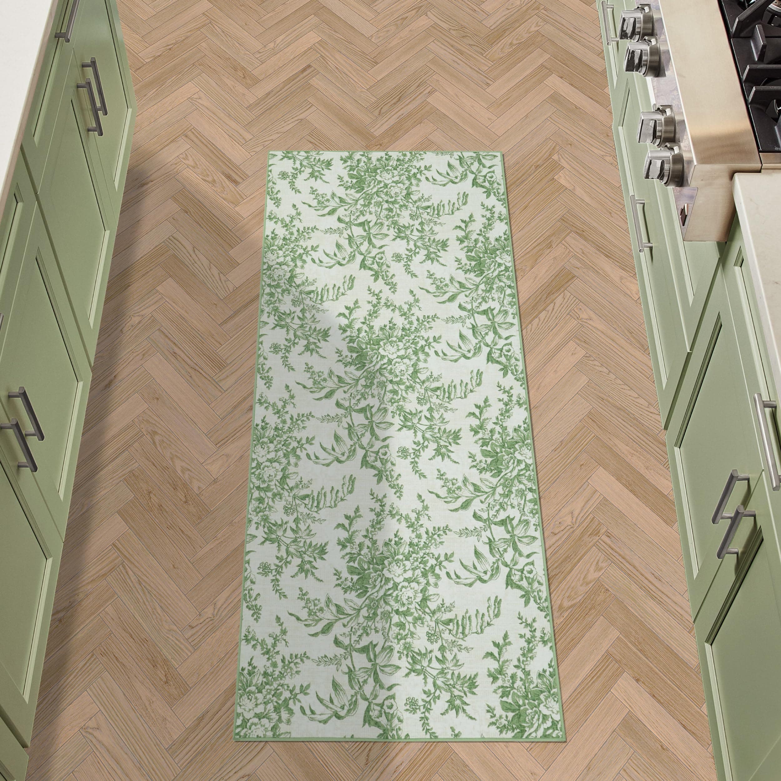 Laura AshleySage Ivory Bedford Floral Machine Washable & Slip Resistant 26" x 60" Runner Rug