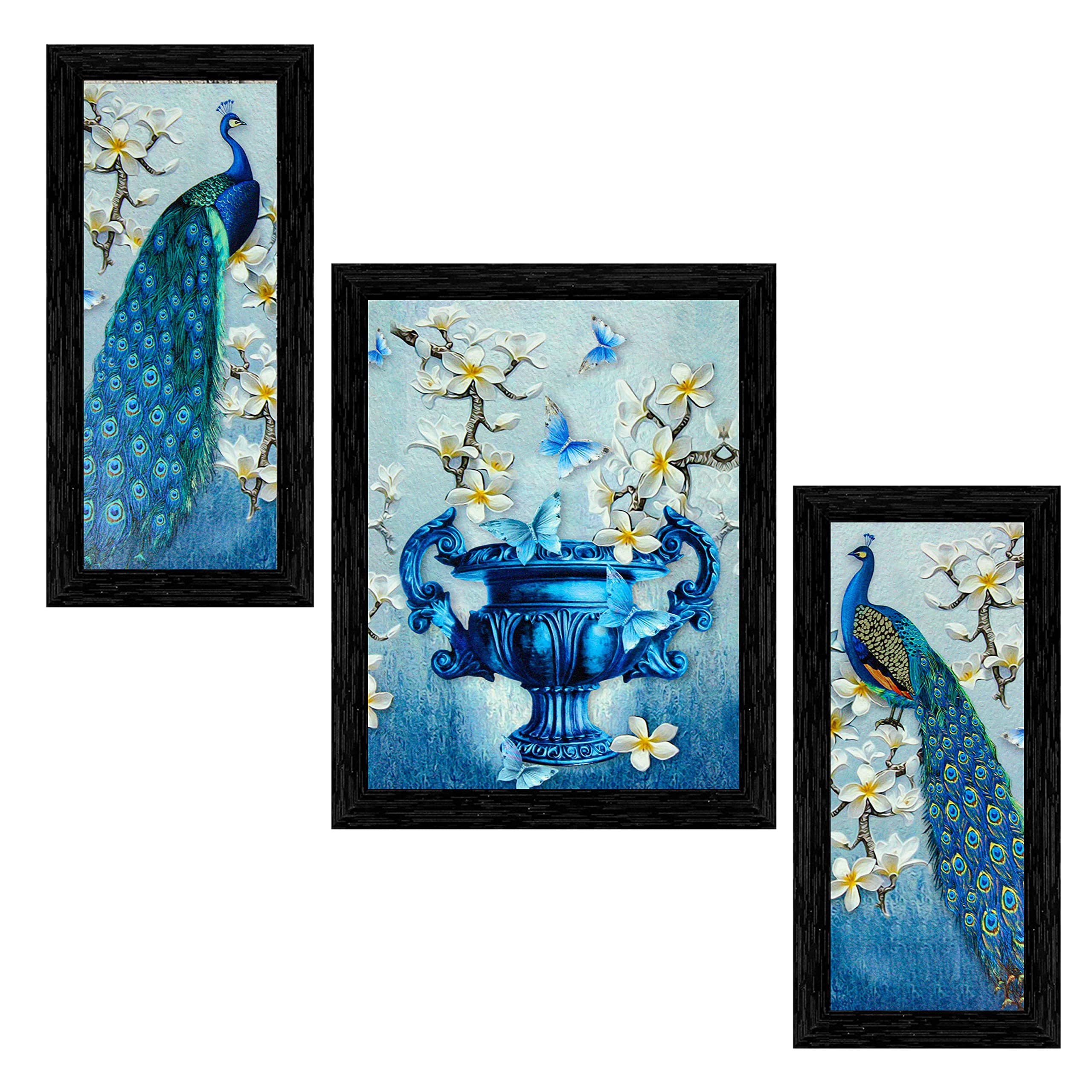 Indianara Set of 3 Beautiful Pair of Peacock and Flower vase Framed Art Painting (6 X 13, 10.2 X 13, 6 X 13 inch, Black)