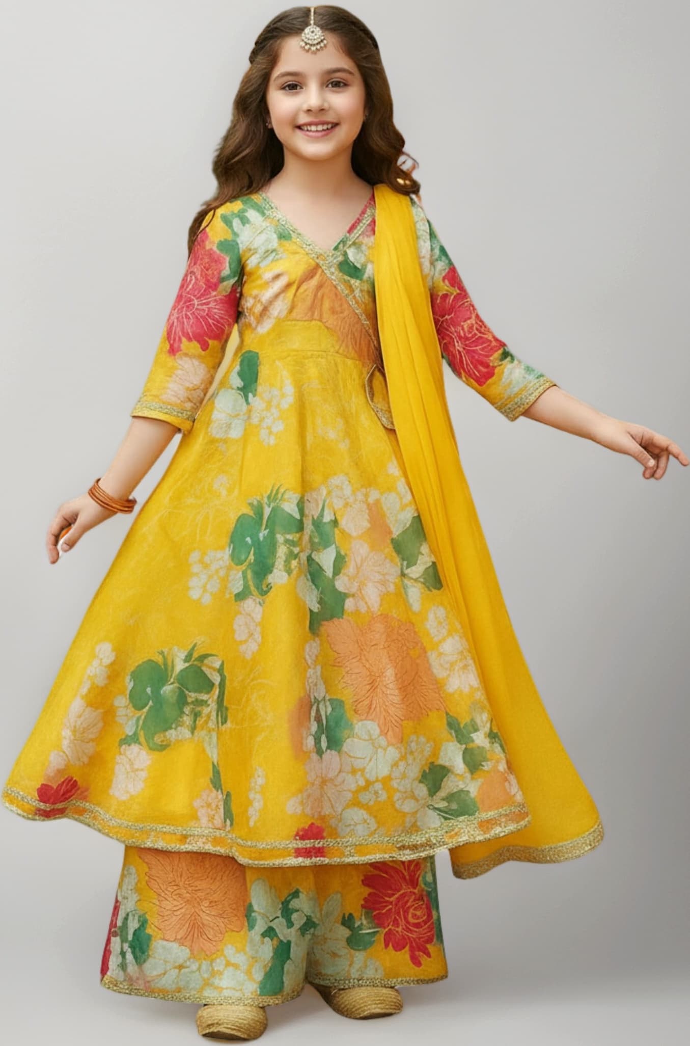 Girls Rayon Fabric Floral Printed 3/4 Sleeve Sharara Dress Set For All Occasion salwar suit