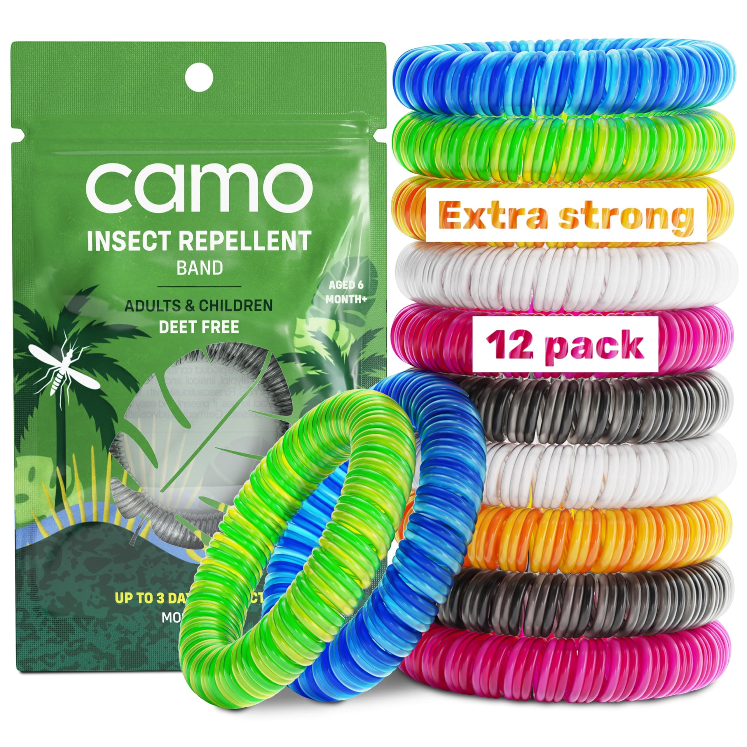 CAMO Max Strength Mosquito Repellent Bracelet, 12 Insect Repellent Mosquito Bands, Child Friendly, Waterproof, releaseable Packaging, 3 Days of Protection (Multi Colour)