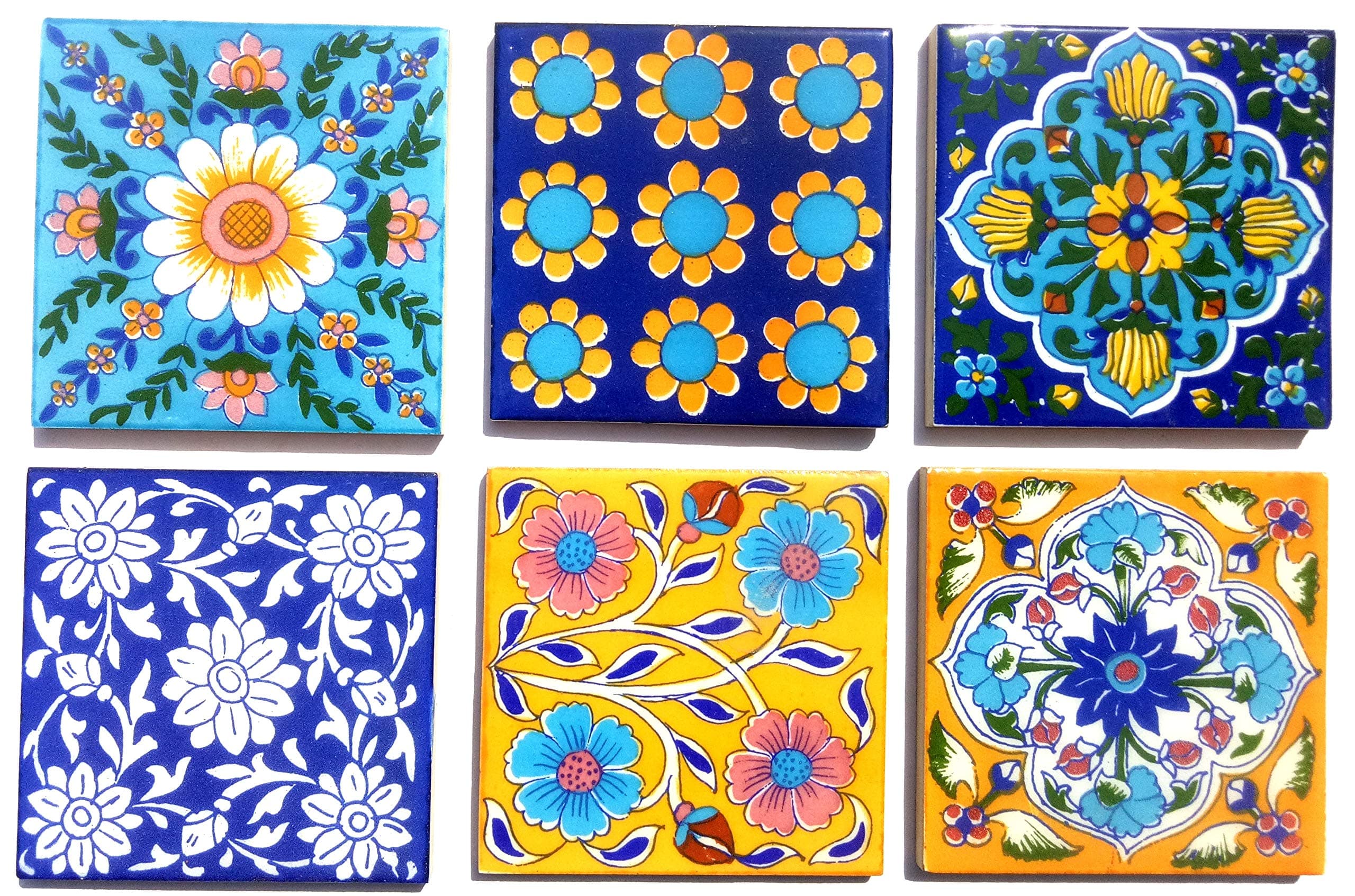 Shiv Kripa Blue Pottery Ceramic Handmade Tiles (4 X 4-inch, Multicolour) - Pack of 6