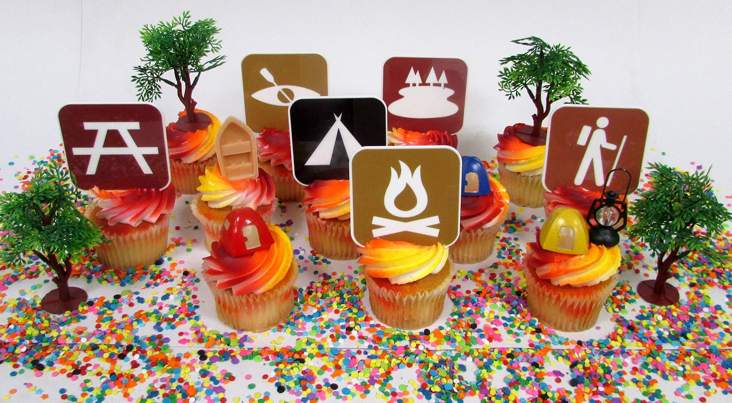 CAMPING Themed Birthday Cupcake Topper Set Featuring Iconic Camper Signs, Tents and Other Decorative Themed Accessories