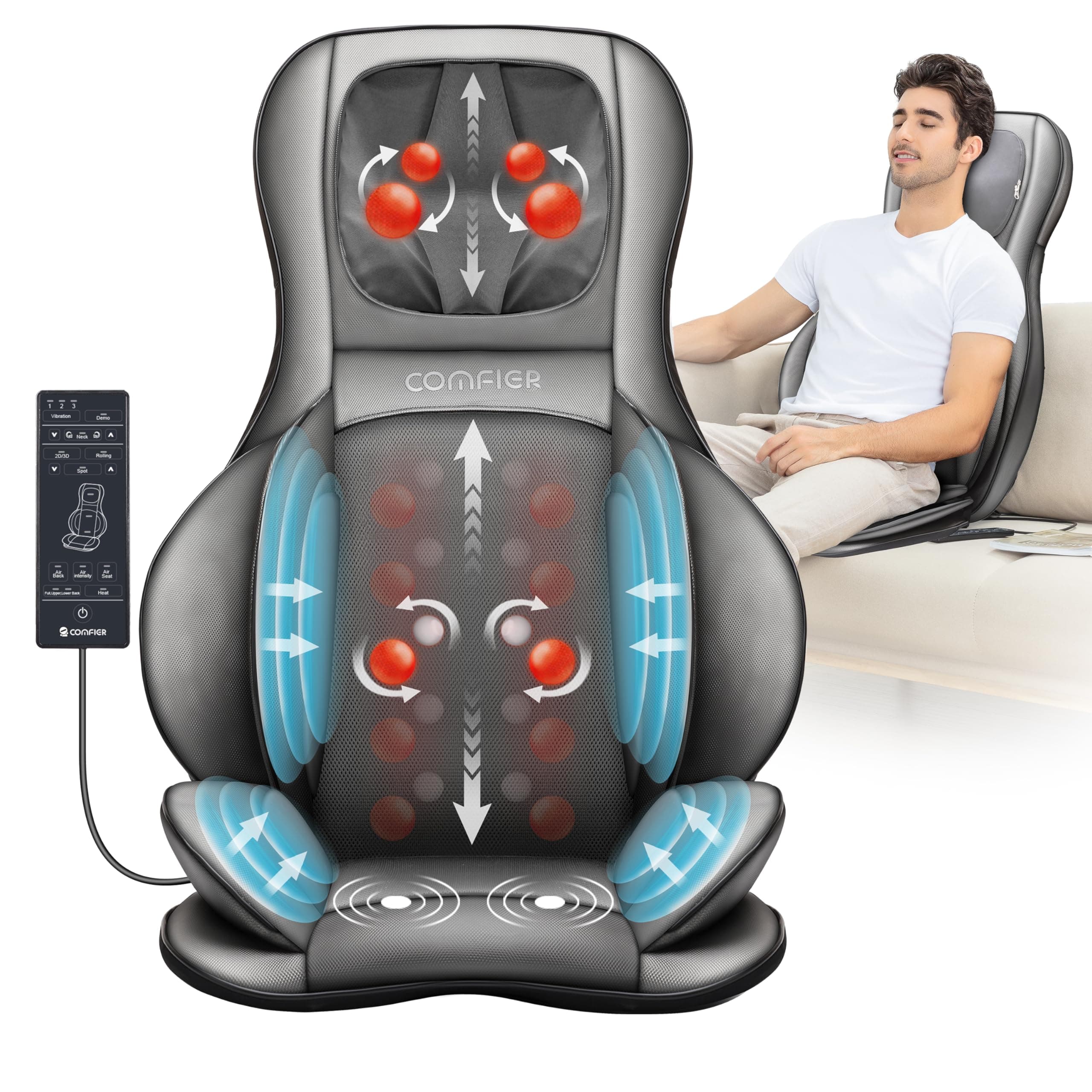COMFIER Back Massager for Pain Relief Deep Tissue, Shiatsu Neck and Back Massager with Heat, Rolling & Compression Massage Chair Pad for Office Chair, Full Body Massage Chair Gift for Mom Dad