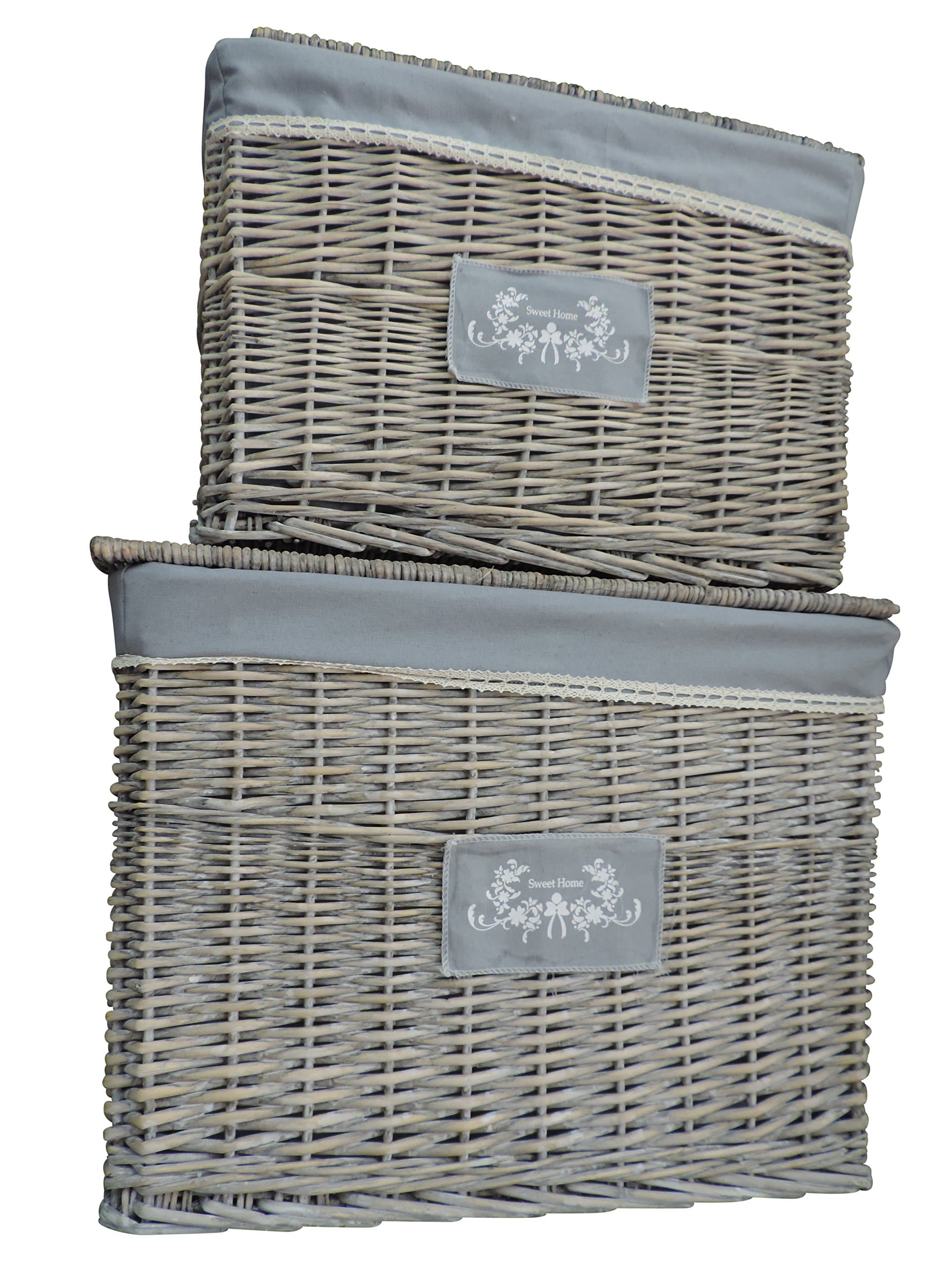 Casa dolce casa Home Sweet Home Shabby Chic Trunk Strong Wicker Style Set, Grey Rectangular Laundry Basket Wicker with Blue Lining And Lid, 66 x 45 x H49.