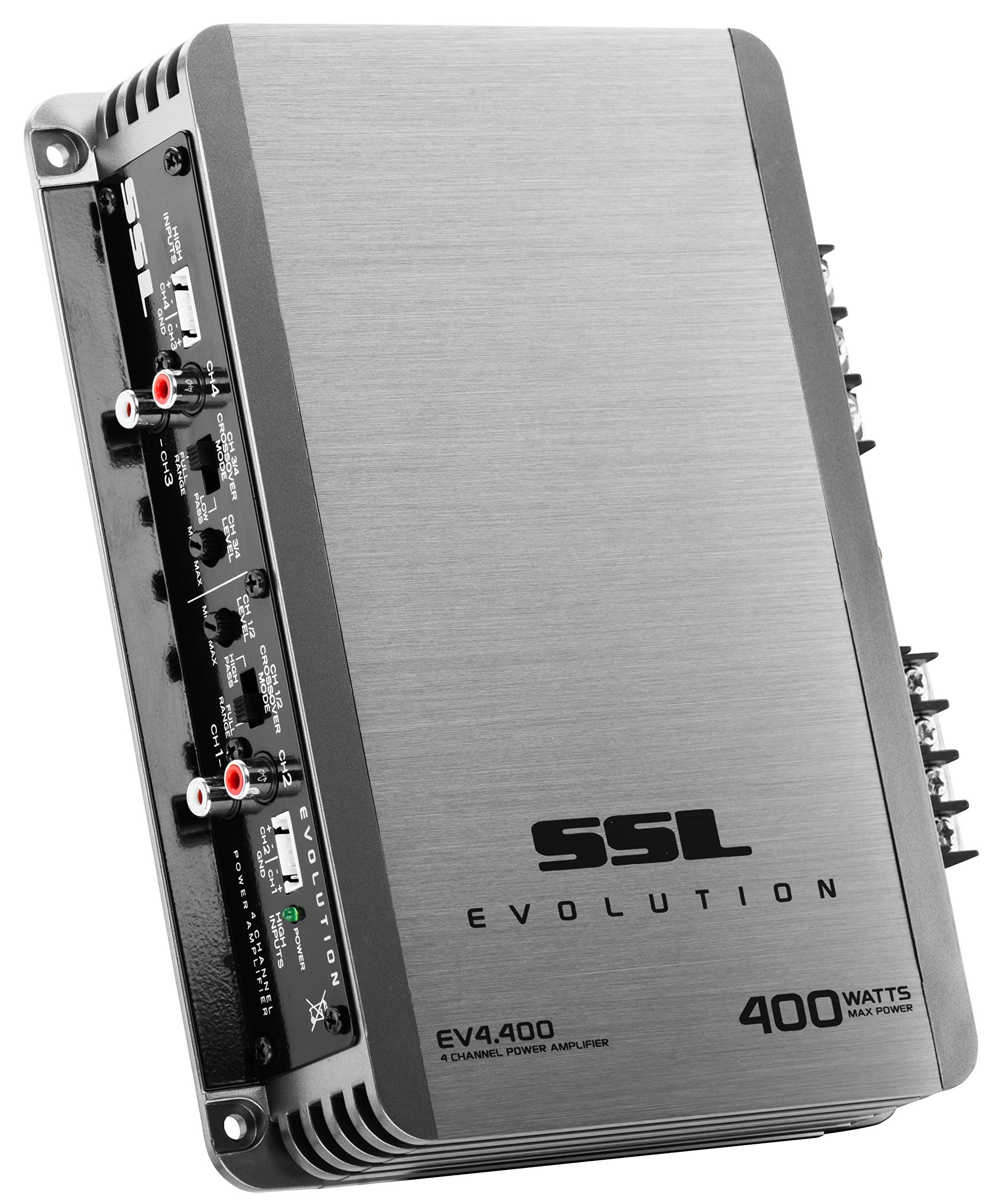 EV4.400 4 Channel Car Audio Amplifier - 400 High Output, 2-8 Ohms, High/Low Level Inputs, Hook Up to Subwoofer for Bass