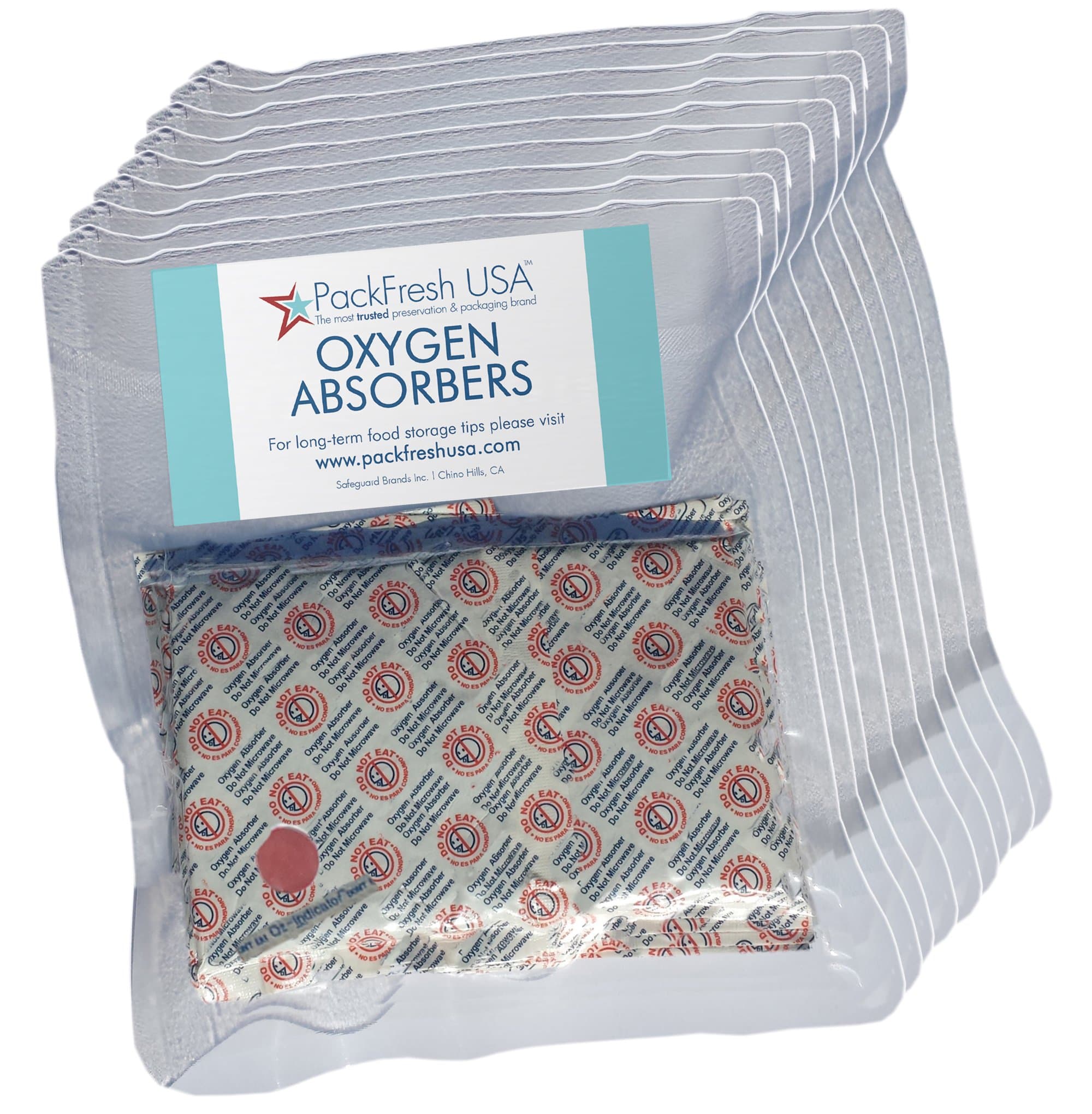 PackFreshUSA: 100 Pack (10 x 10 Packs) - 2000cc Oxygen Absorber Packs - Food Grade - Non-Toxic - Food Preservation - Long-Term Food Storage Guide Included