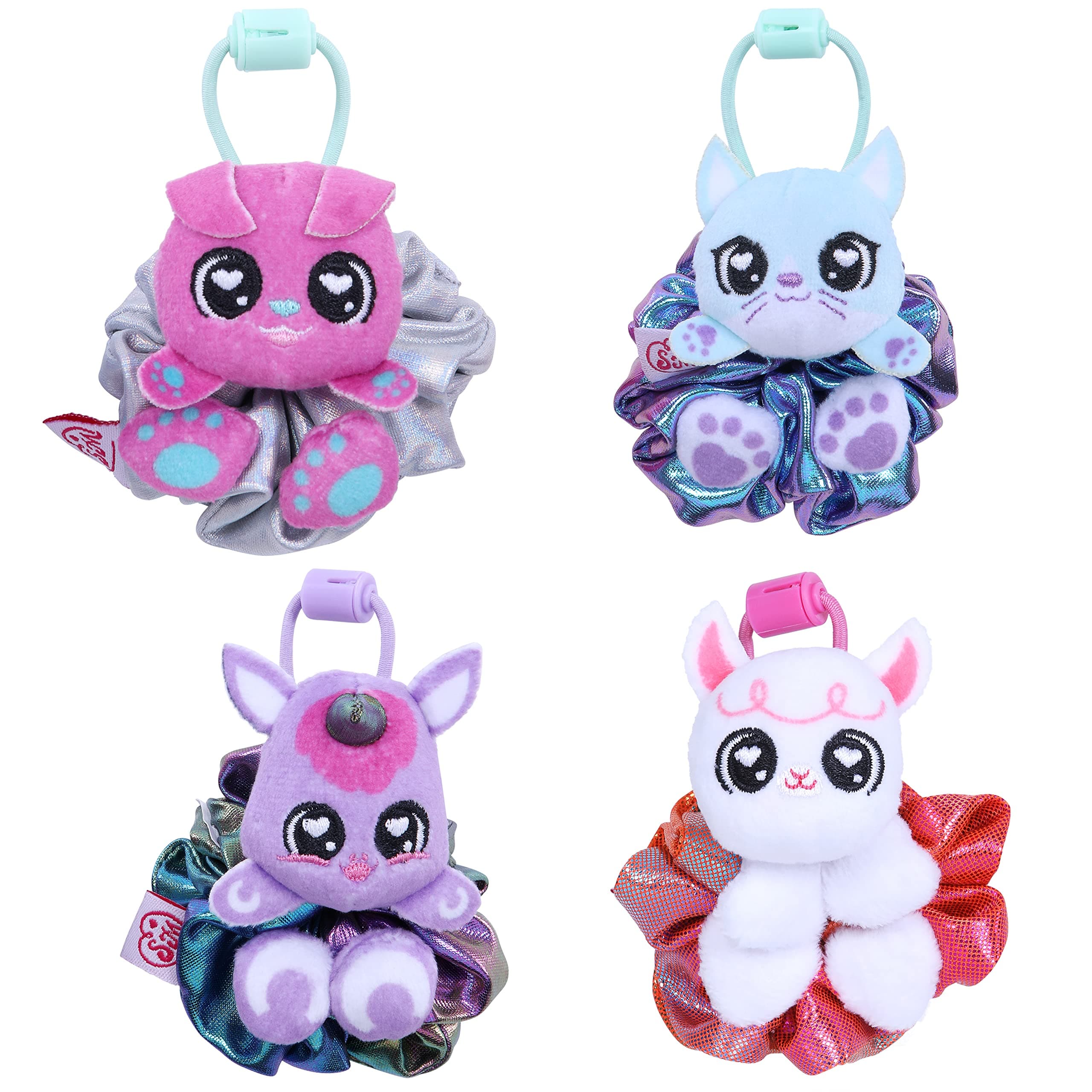 ScrunchmiezFour Pack, Exclusive scrunchies That Magically transforms from Hair Scrunchie to Cute Plush Friend as Well as Backpack Clip. So Many Characters to Collect & wear.