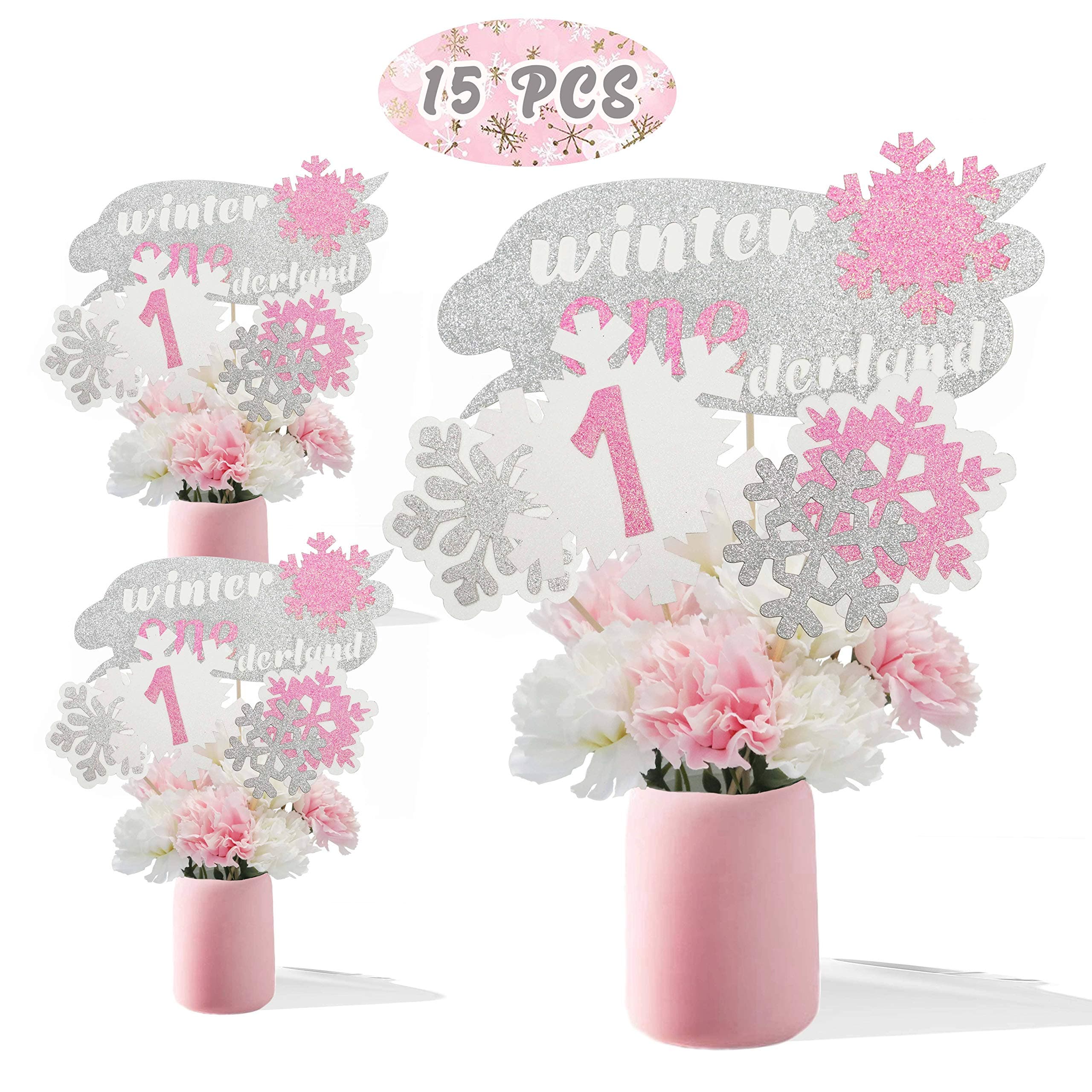 Pink Winter Onederland Centerpieces Snowflakes One Winter Wonderland Table Toppers Winter First Birthday Party Decorations Baby Girls 1st Birthday- set of 15