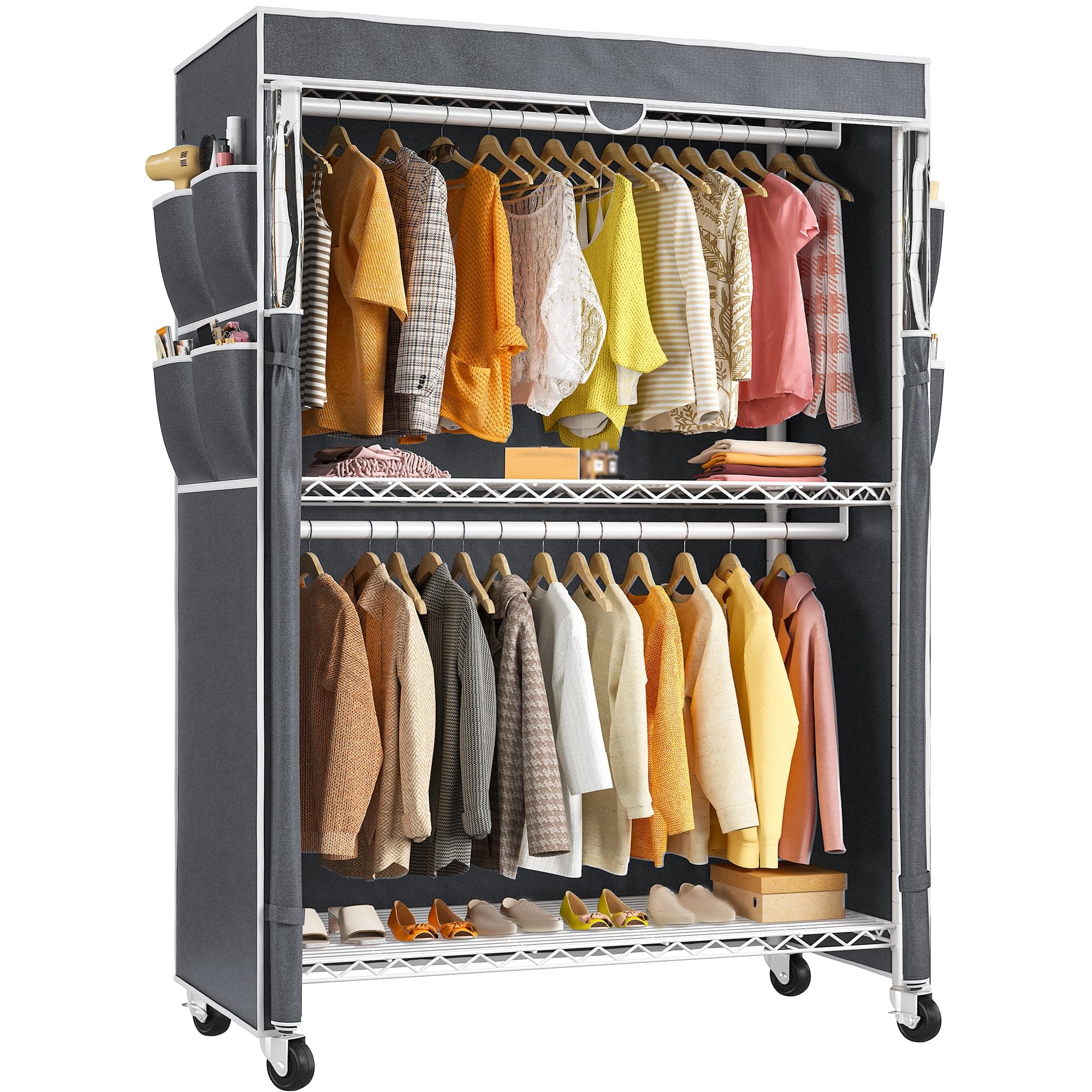 RaybeeHeavy Duty Clothes Rack with Cover, 81" H Clothing Racks for Hanging Clothes, Portable Closet with Wheels and Adjustable Feet, Max Load 500LBS, White