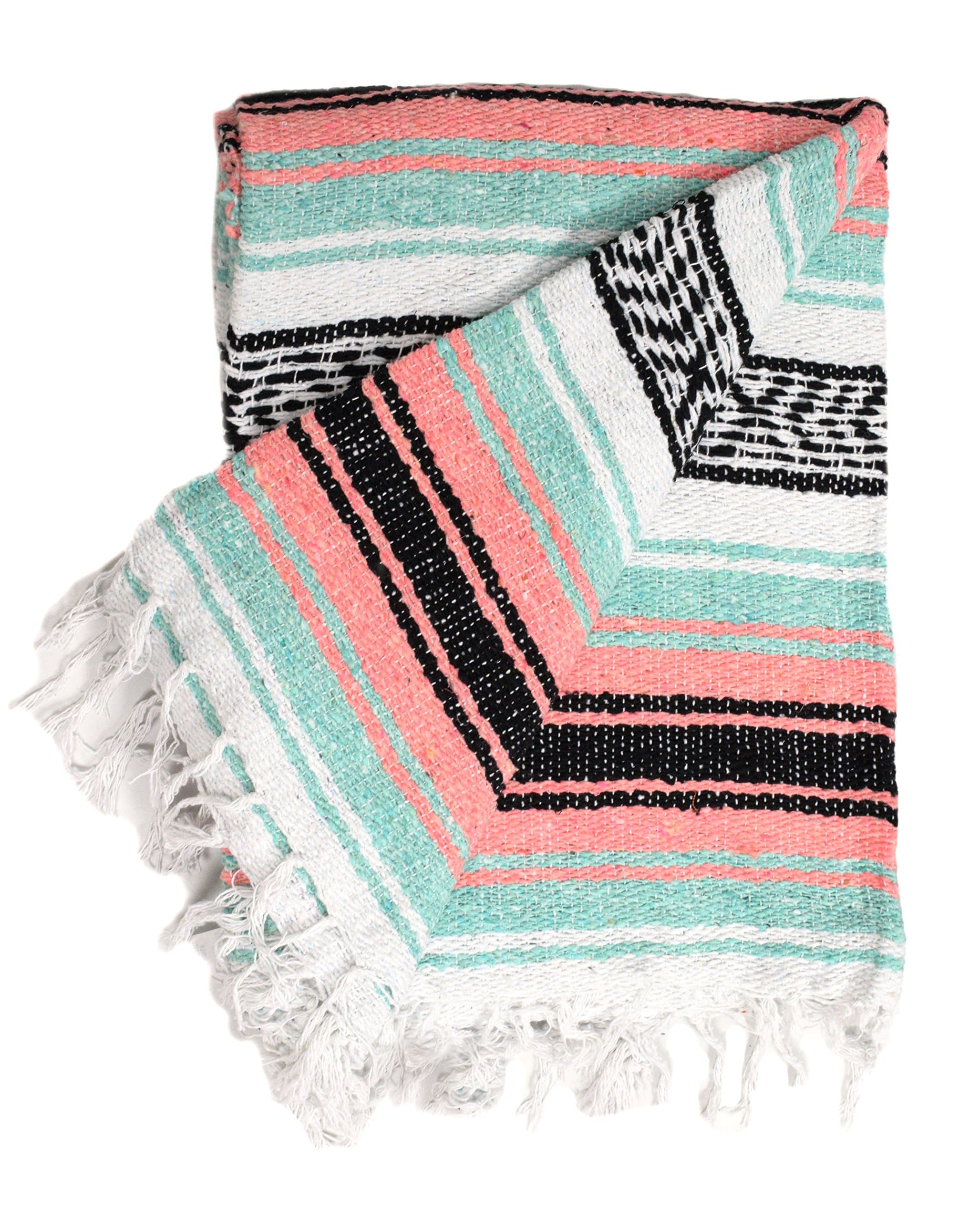 Open Road Goods Multi Color Mexican Falsa Blanket - Handwoven in Mexico - Great for The Beach, Picnics, Yoga, or a Throw! (Mint/Peach)