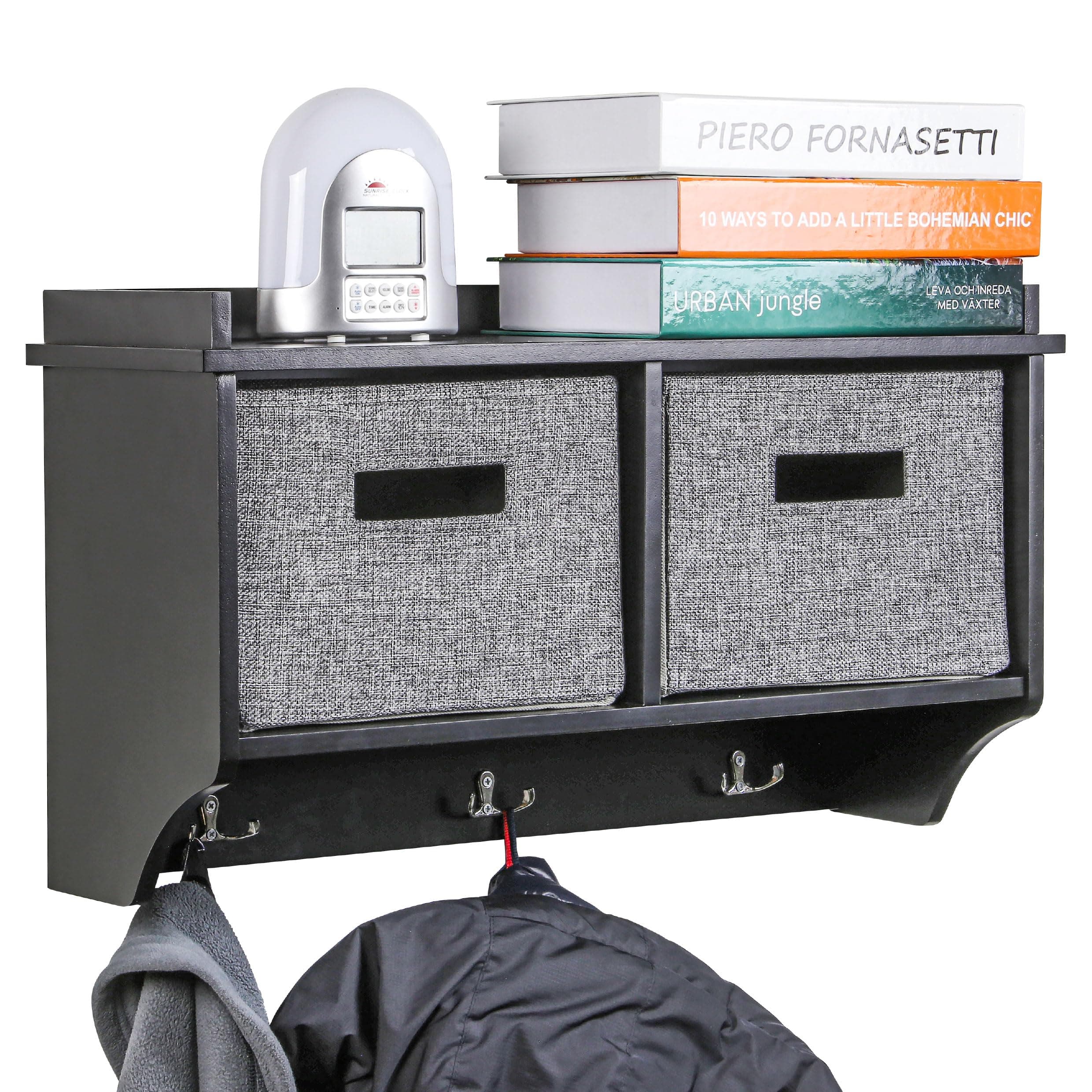 Taylor & Brown Black Wooden Wall Mounted 3 Hook Coat Rack Display Storage Unit Shelf Modern Hallway Organiser Hooks Stand Hat with 2 Fabric Baskets - W60 x D20 x H34cm