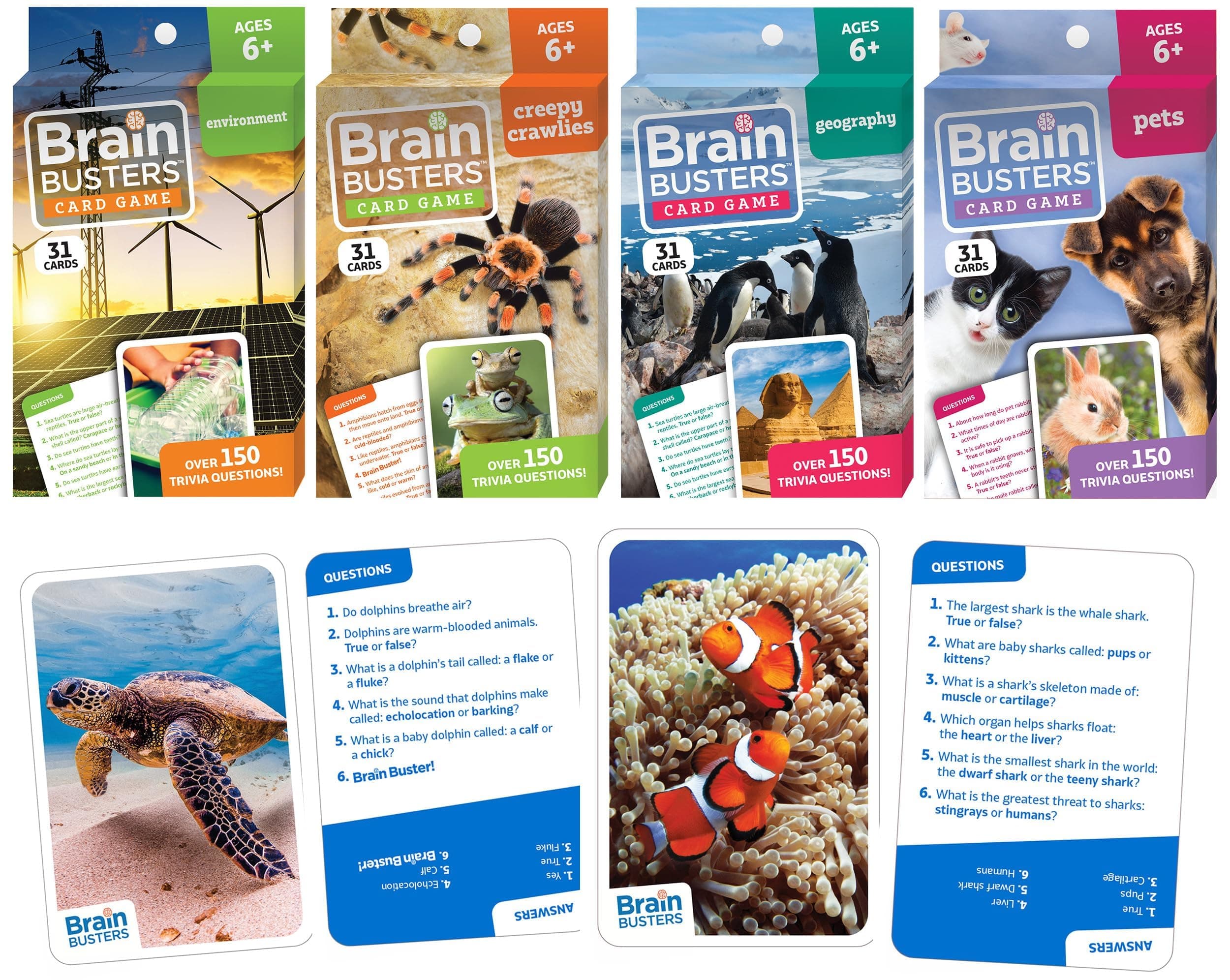 Brain Busters Card Game for Kids, Family Trivia Game Bundle with 120 Flash Cards - Learn and Play with Multiple Choice Trivia Cards About Environment, Insects, Geography and Pets (Ages 6+)