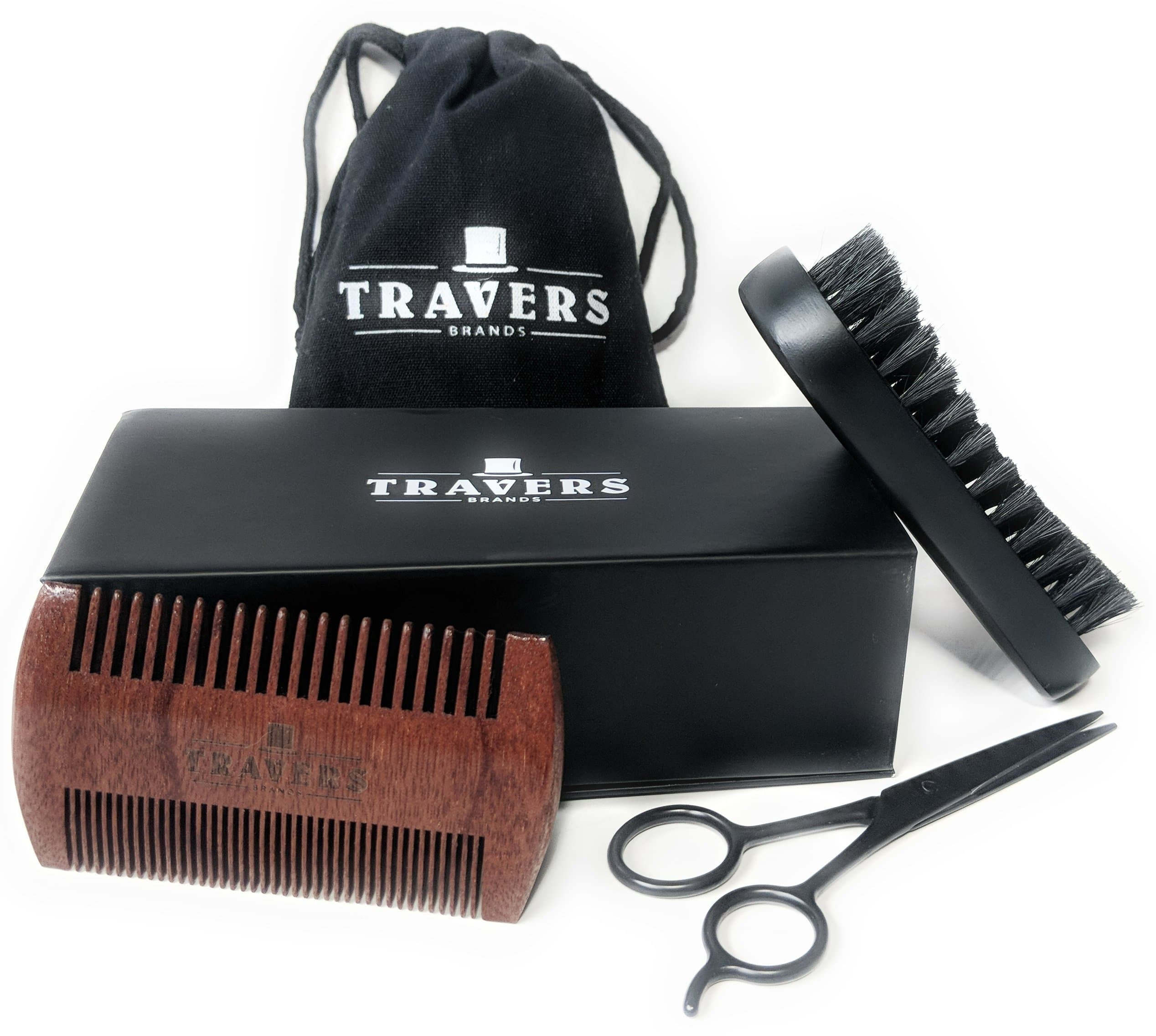 Travers Brands Beard Grooming Kit for Men, Beard & Mustache Growth Grooming & Trimming Gift Set, Black Boar Bristle Beard Brush, Red Sandalwood Beard Comb, Black Trimming Scissors for Styling