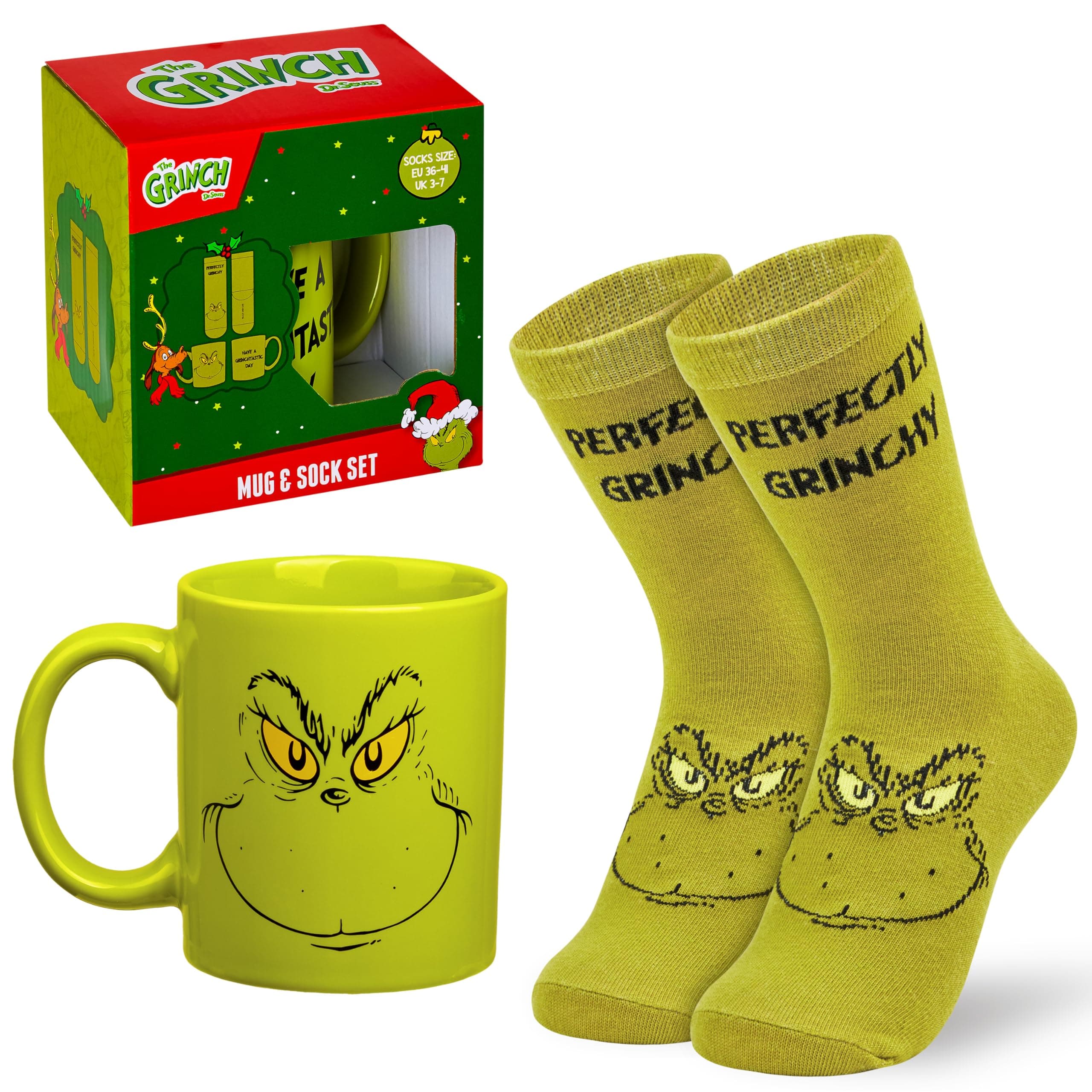 The Grinch Mug and Calf Socks Gift Set for Women Teenagers Funny 340ml Ceramic Mug Soft Socks, Xmas Secret Santa Gifts for Her