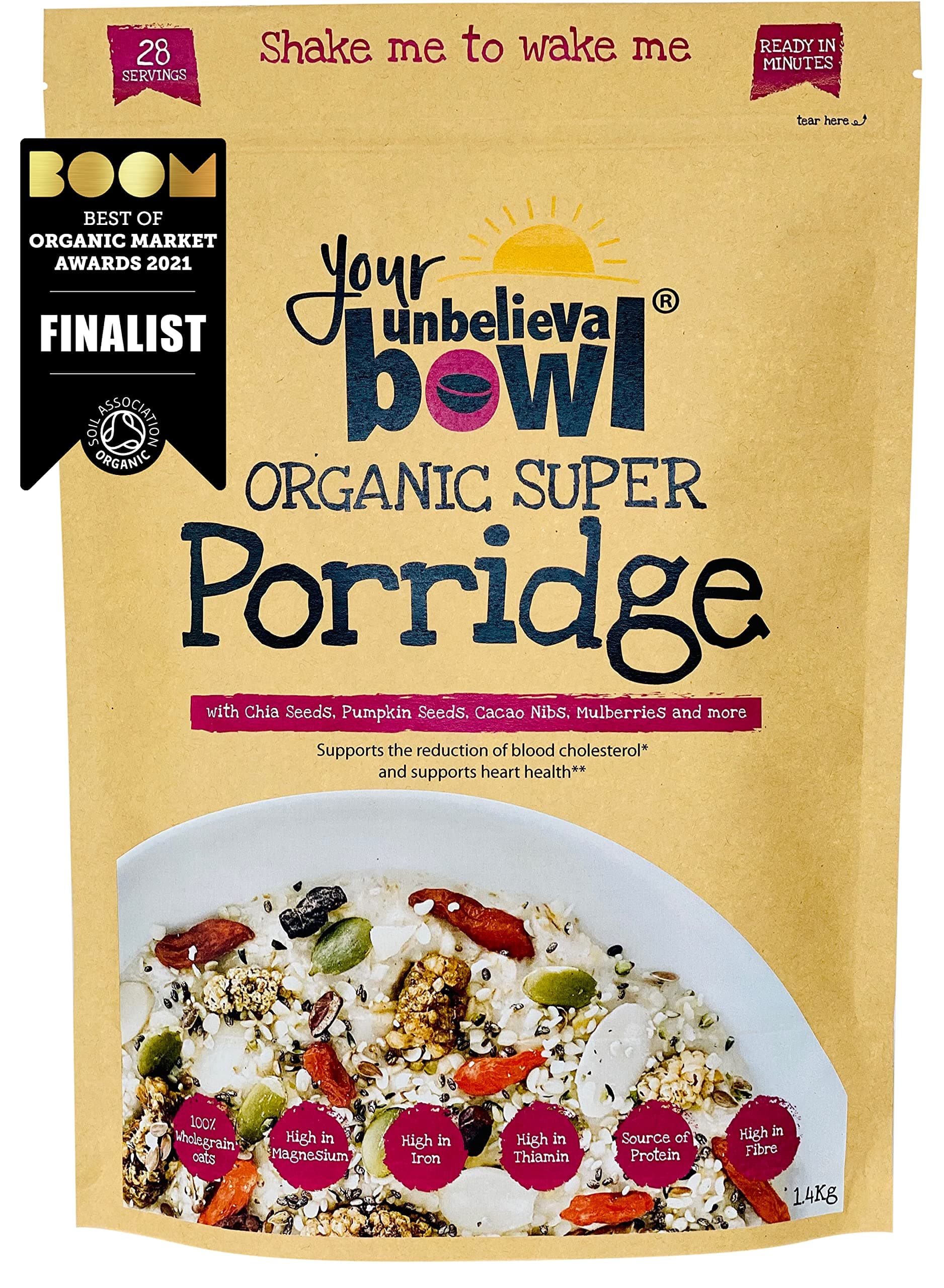 – Your UnbelievaBowl - Organic Super Porridge / Overnight Oats, 1.4kg, 25% Superfoods, 28 Servings, 71p Per Serving, Gluten Free Oats, Chia, Hemp & Pumpkin Seed, Cacao, Mulberry, Goji, Flaxseed, Almond