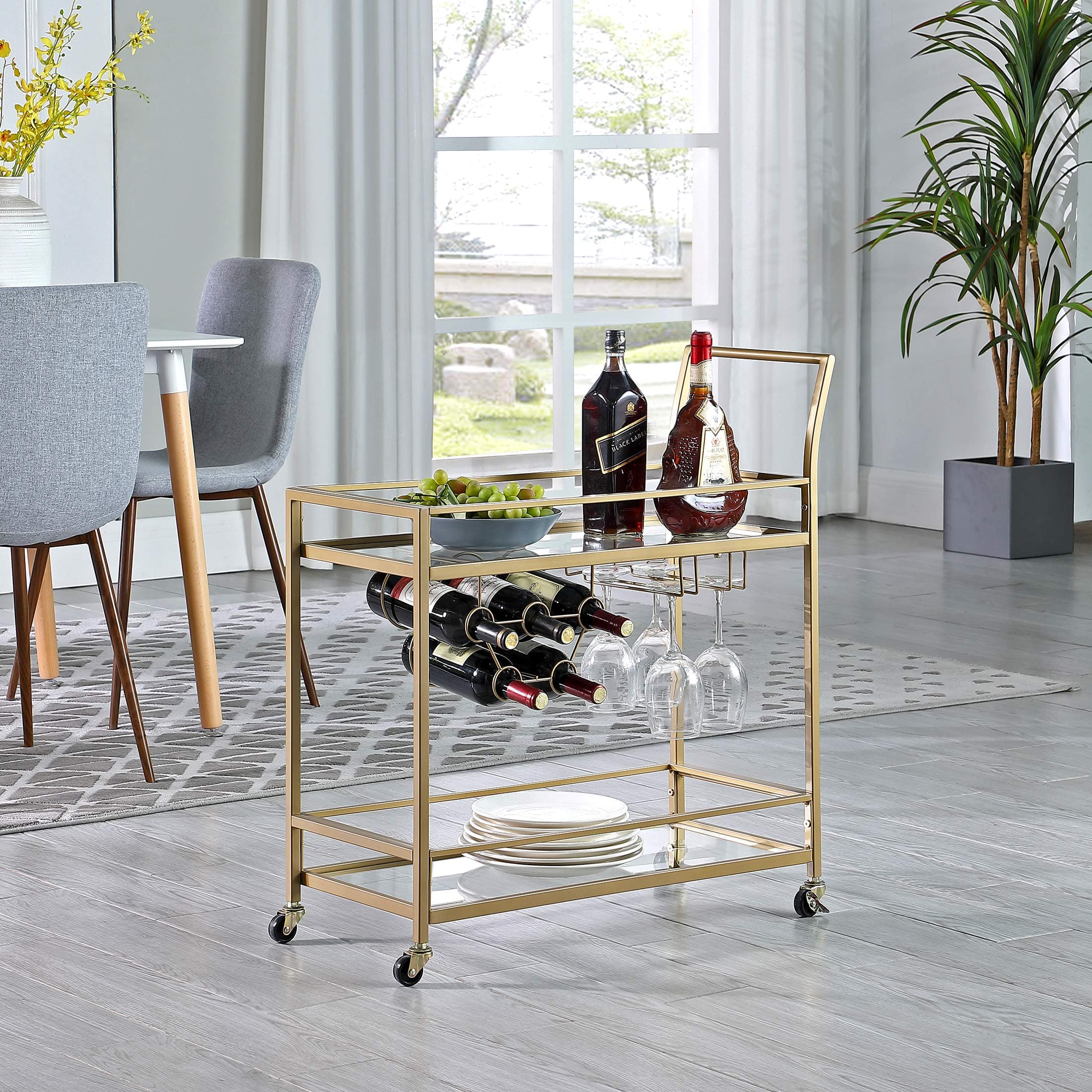 & Co. Gold Francesca Bar Cart, 2 Tier Mobile Mini Bar, Kitchen Serving Cart and Coffee Station with Storage for Wine and Glasses, Metal and Glass, Modern