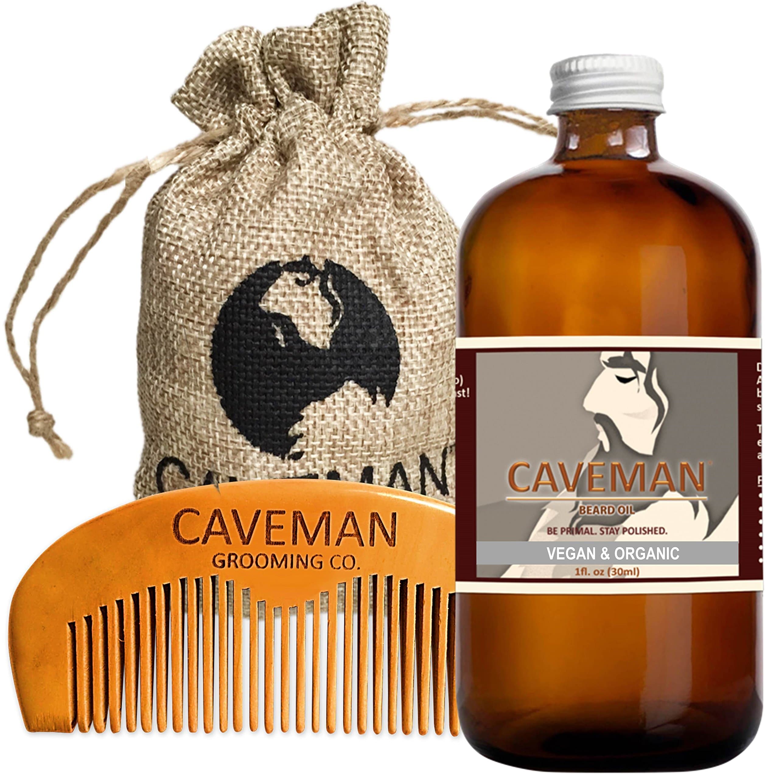 Caveman 100% Vegan and Organic Beard Oil Leave in Conditioner, 1oz oil and handmade wooden comb
