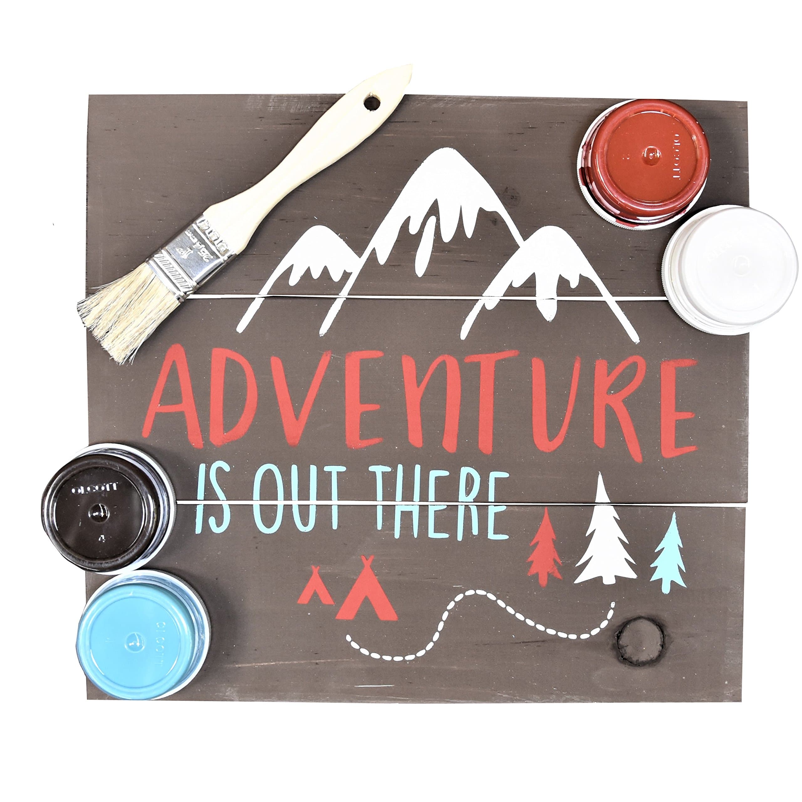 DIY Art In A Box - Wood Sign Painting Kit - "Adventure is Out There" Stencil, Paint, Brushes and Wood Included -12"x12"