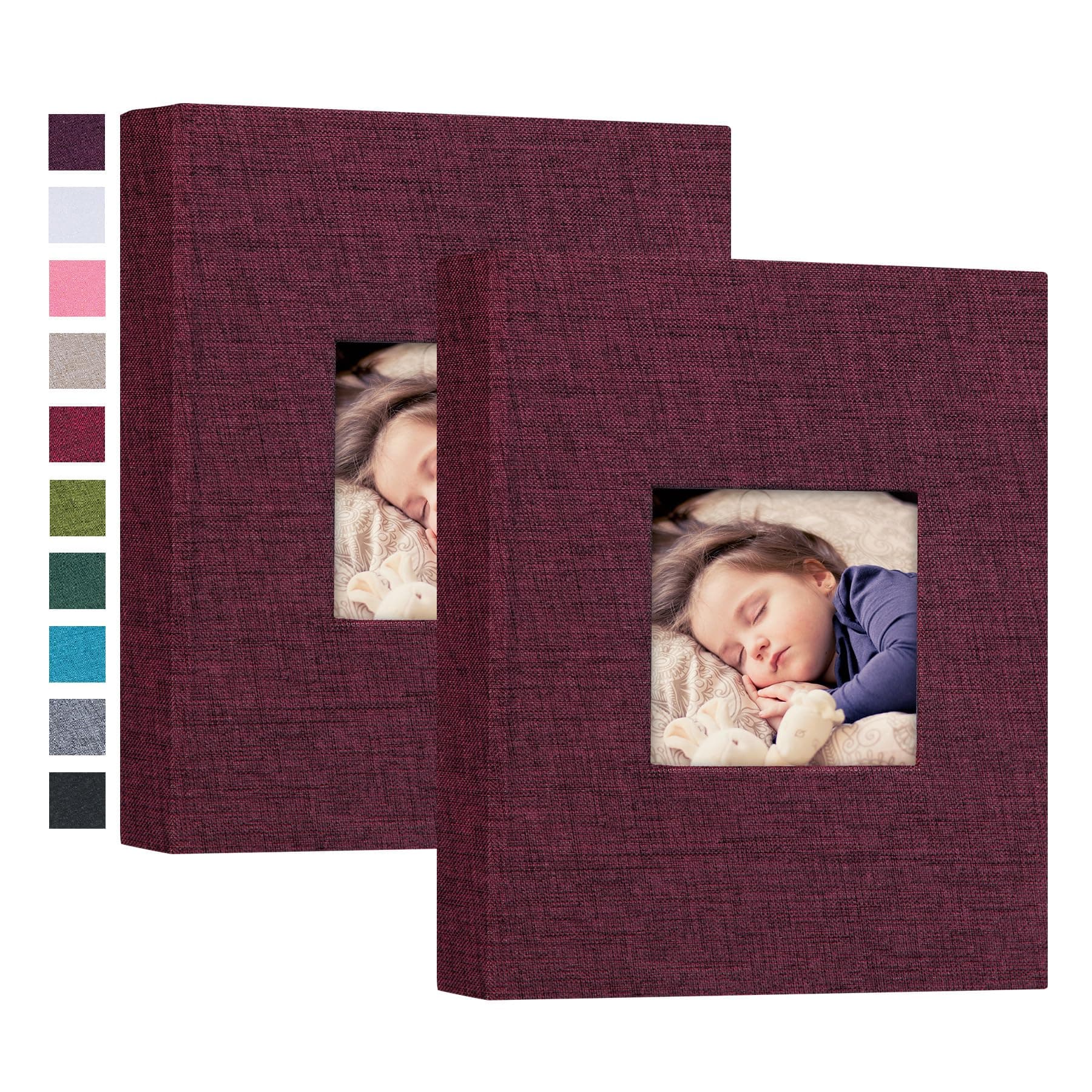 Mublalbum 2 Pack Small 5x7 Photo Album Linen Cover with Display Window Mini Picture Book Each Holds 52 Vertical Pockets for Artwork Postcards or Pictures Storage (Purple)