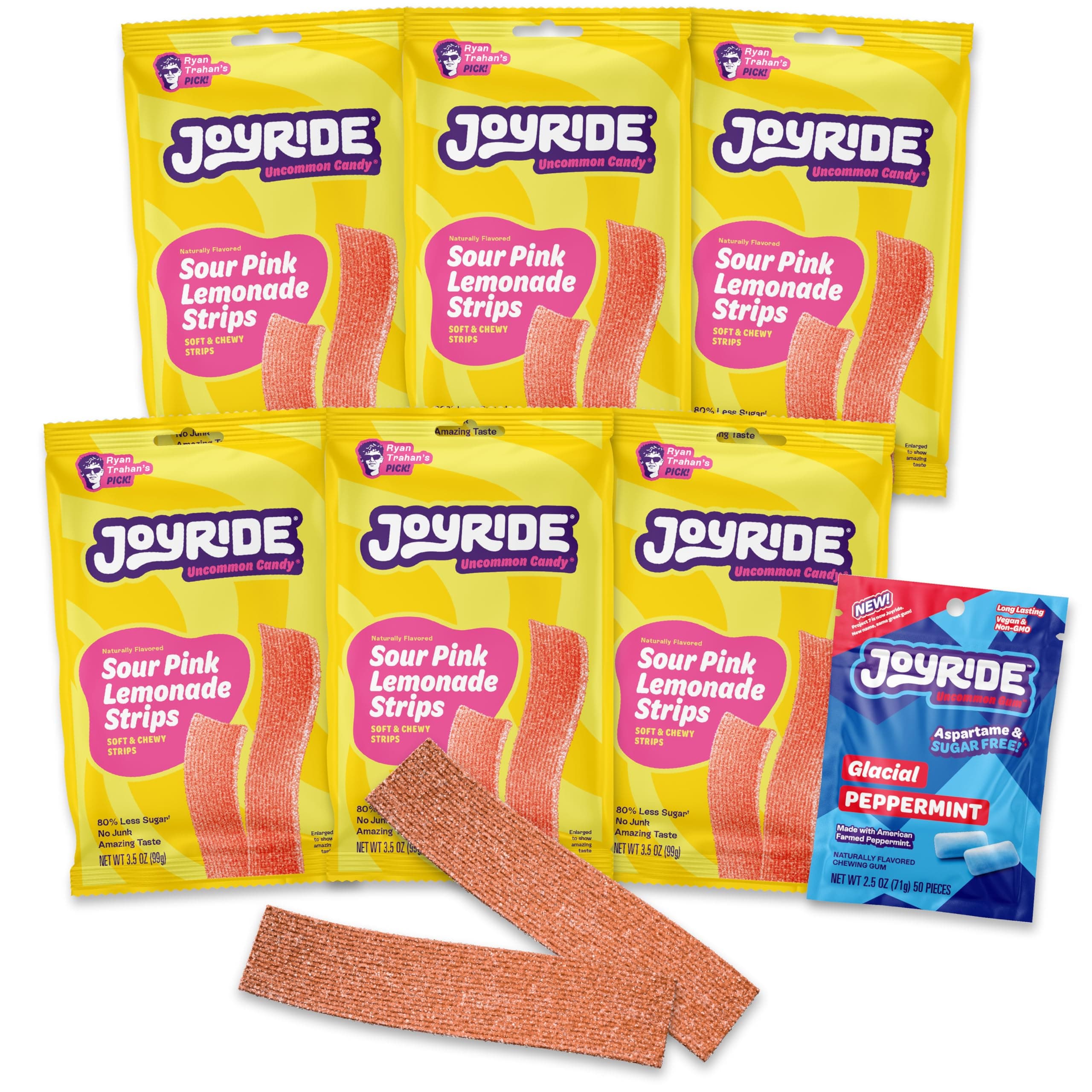 JOYRIDE Pink Lemonade Sour Strips - 3.5 oz 6-Pack Bundle with 2.5oz Glacial Peppermint Gum, Low Sugar, Sour Belt Candy, Dye Free, Low Calorie Snacks, Healthy Candy (7 Items)